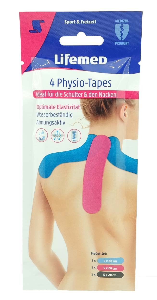 LifeMed Bandage 4 "Lifemed" Physio-Tapes 20 cm x 5 cm farbig sortiert "Nacken" (4-tlg), Physio-Tape Kinesio-Tape Sport-Tape Nacken-Tape Schulter-Tape Muskelun