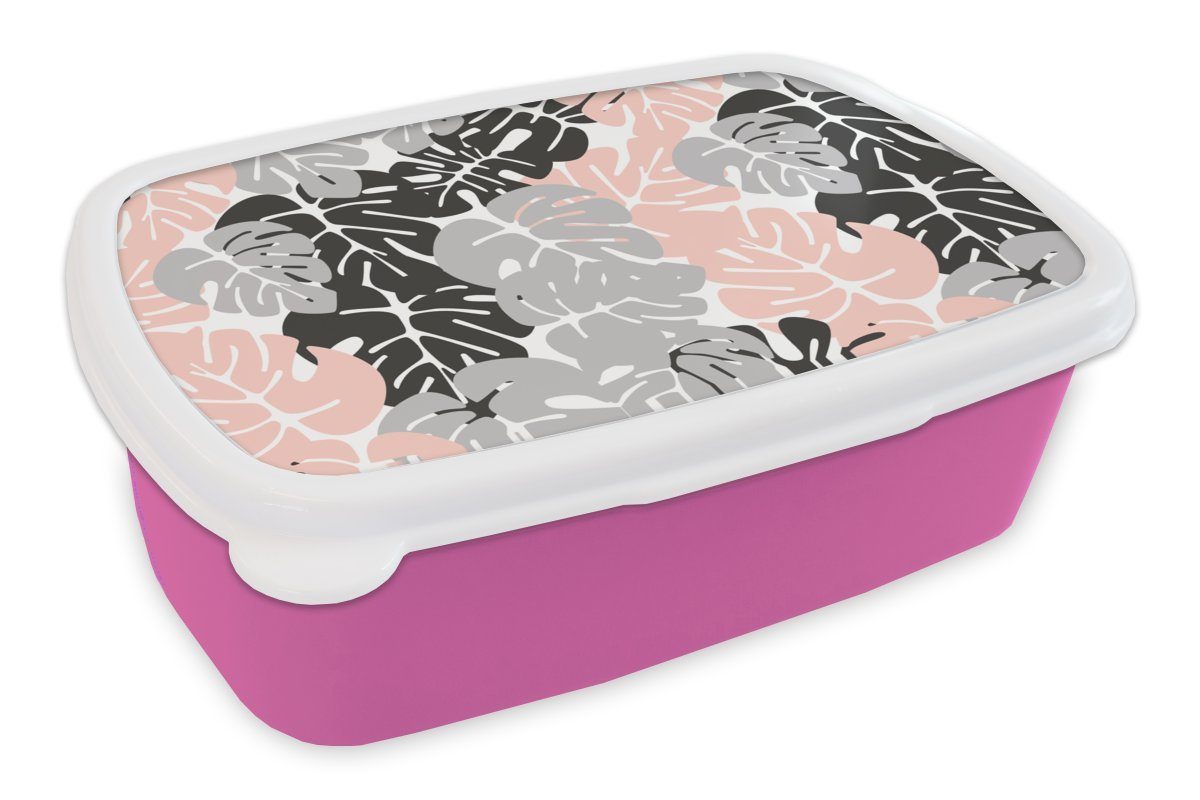 MuchoWow Lunchbox Monstera - Pastell - Blätter, Kunststoff, (2-tlg), Brotbox für Erwachsene, Brotdose Kinder, Snackbox, Mädchen, Kunststoff rosa | Lunchboxen
