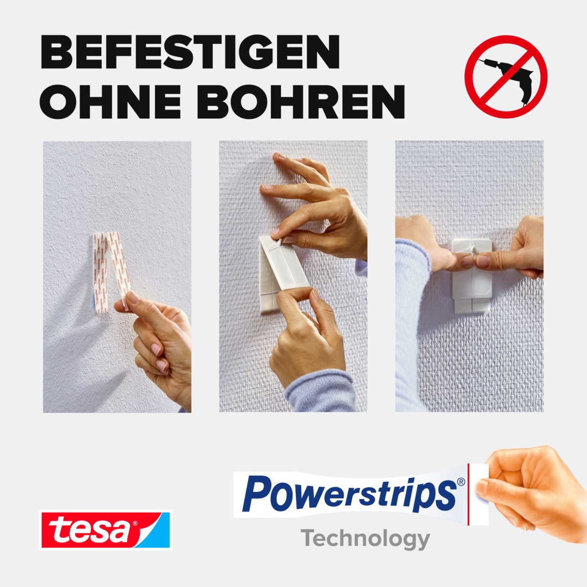 tesa Klebehaken tesa Powerstrips Klebenagel (3 x 2 Stck) für Tapeten & Putz bis 1 kg, (6-St), 1 kg Haltekraft - Tapete & Putz - entfernbar, wiederverwendbar