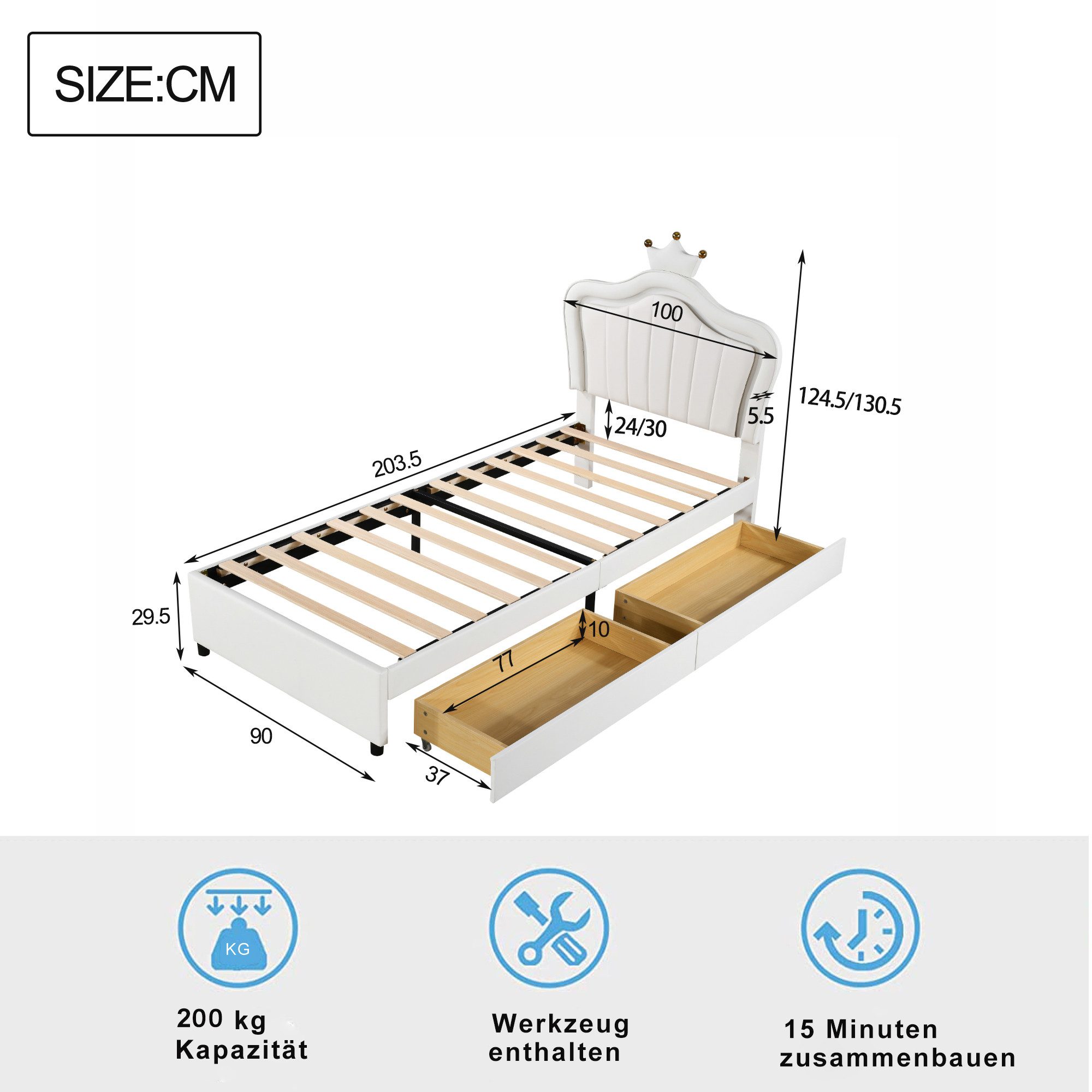 Celya Polsterbett Kinderbett 90 x 200 cm, Rosa Krone Mädchen Einzelbettgest günstig online kaufen