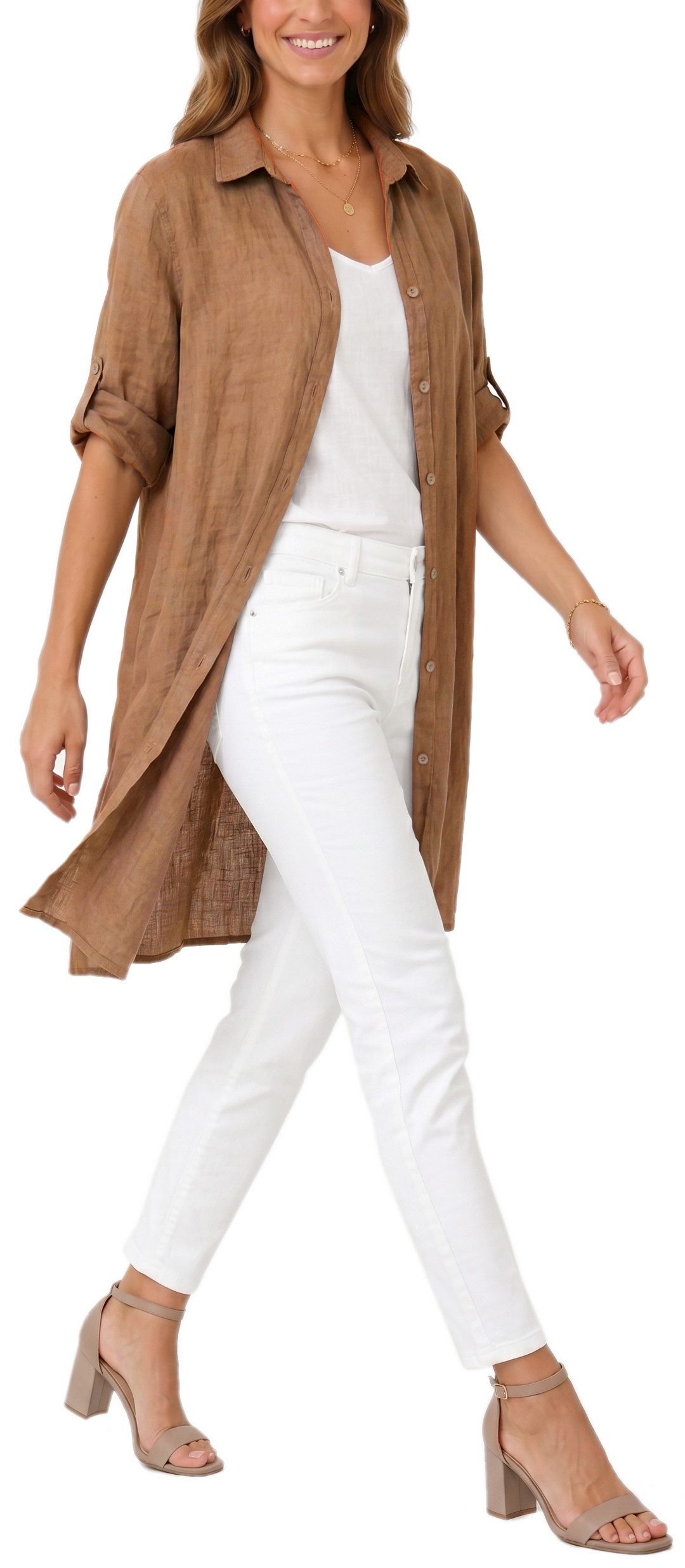 dy_mode Longbluse Damen Leinen Longbluse Sommer Hemdbluse Blusenkleid Luftige Tunika in Unifarbe, mit Knopfleiste