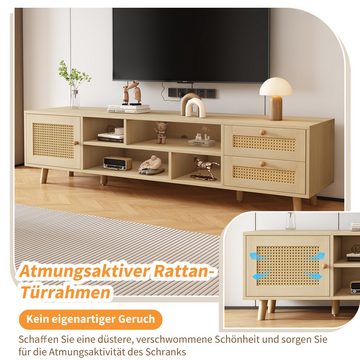 REDOM TV-Schrank (mit LED-Beleuchtung, 2 Schubladen, 1 Tür,für 70-Zoll-Fernseher) Premium 160 cm Holzfarbenes Rattan-TV-Ständer