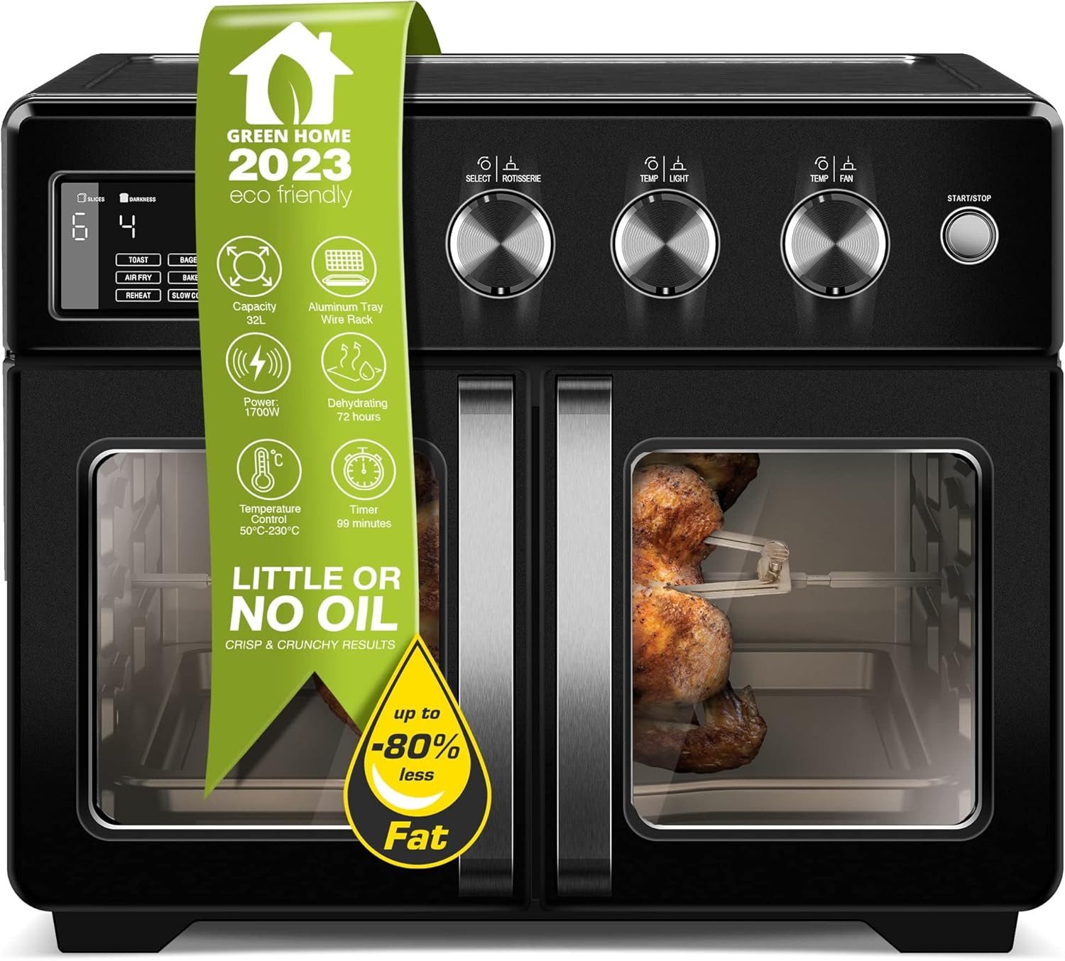 TurboTronic by Z-Line Minibackofen 12in1 Heißluftofen 32L 6 kg Pommes Heißluftfritteuse 1700 W Airfryer, Grill kleine Pizza Tisch Mini Backofen Umluft & Drehspieß 25-230°C