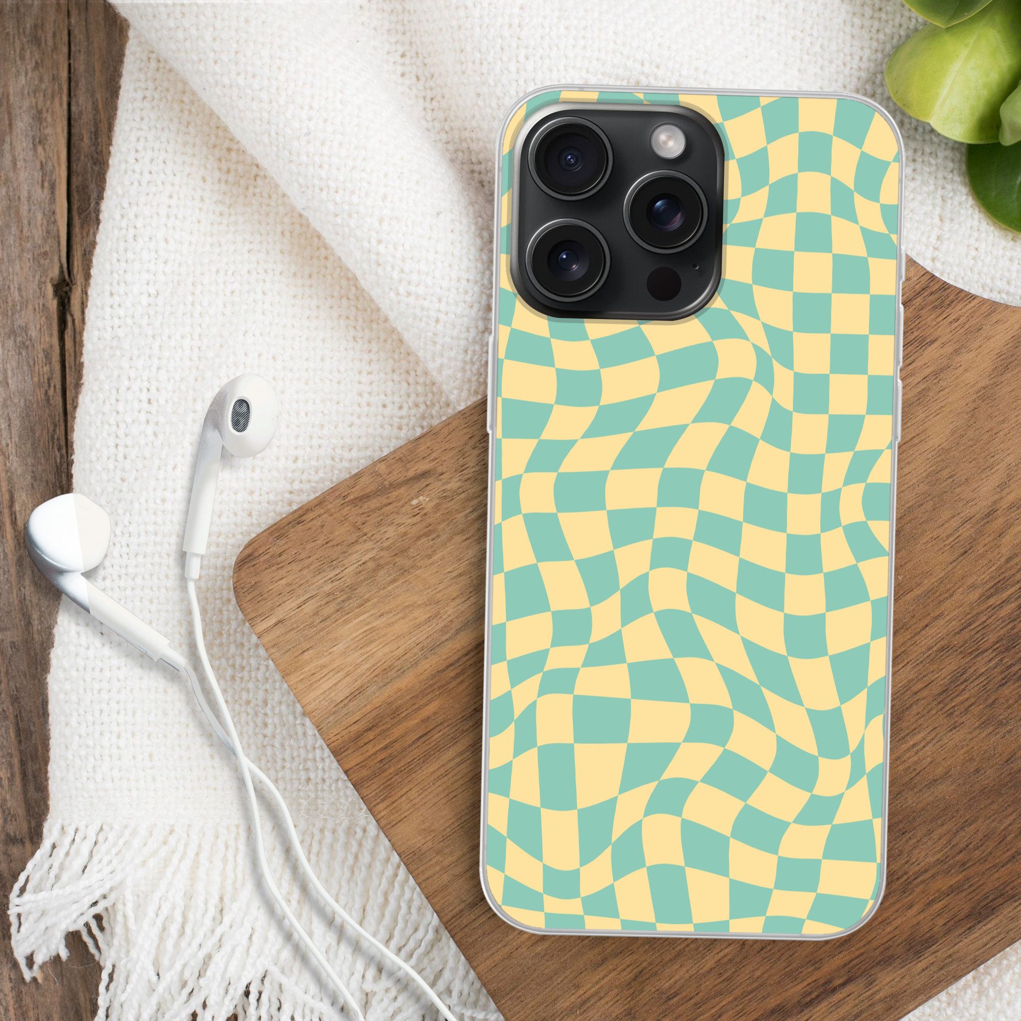 MuchoWow Handyhülle für Apple iPhone 15 Pro Max Quadratisches Muster - Gelb - Blau - Welle, Smartphone-Bumper, Print, Handy Schutzhülle Dünn