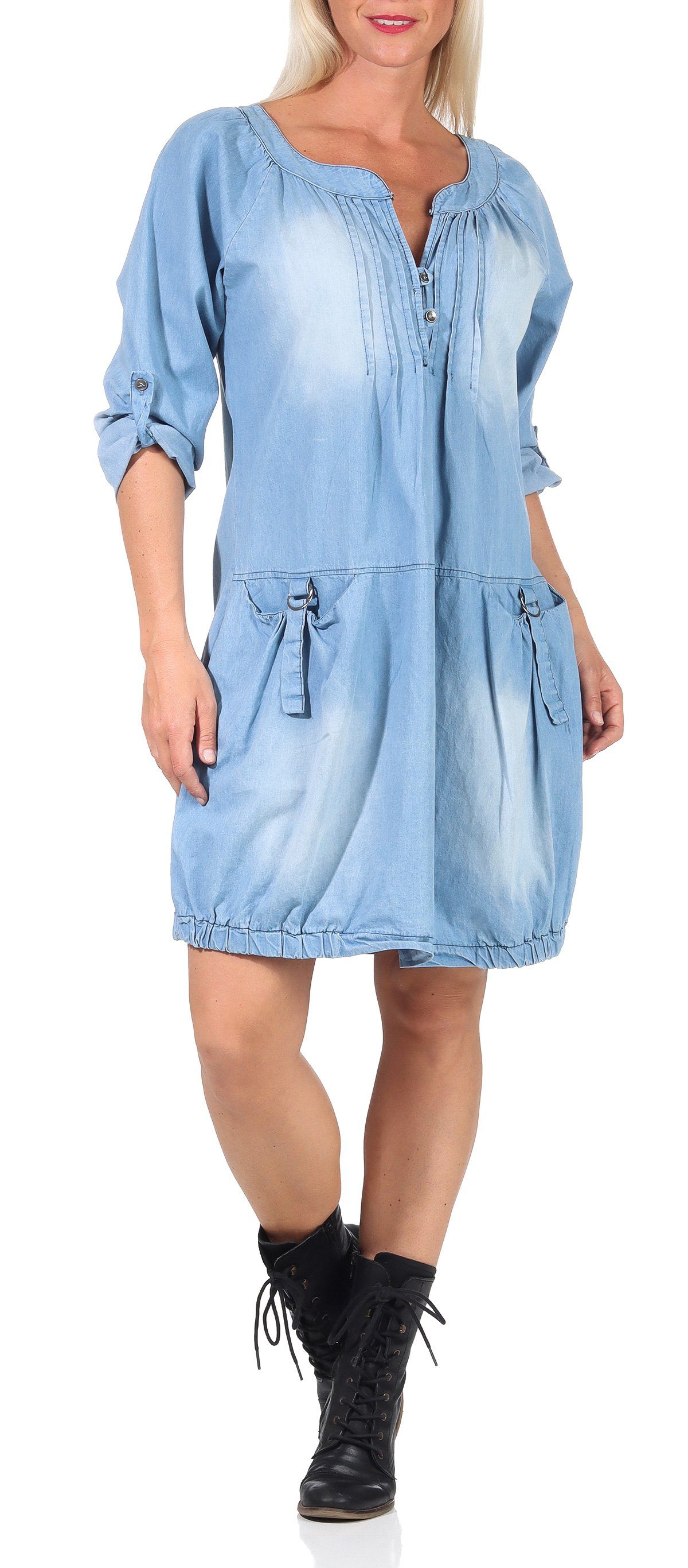 Einheitsgröße malito hellblau Sommerkleid than more 6255 fashion Strandkleid Jeanskleid
