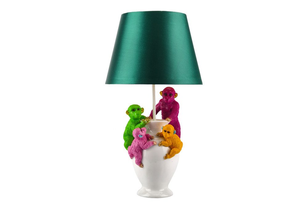 riess-ambiente Tischleuchte MONKEY 60cm weiß/bunt - Stoffschirm, Affen, Skulpturen, handgefertigt, Ein-/Ausschalter, ohne Leuchtmittel, Tierische Dekolampe - ideal als Blickfang auf Sideboard od. Nachttisch
