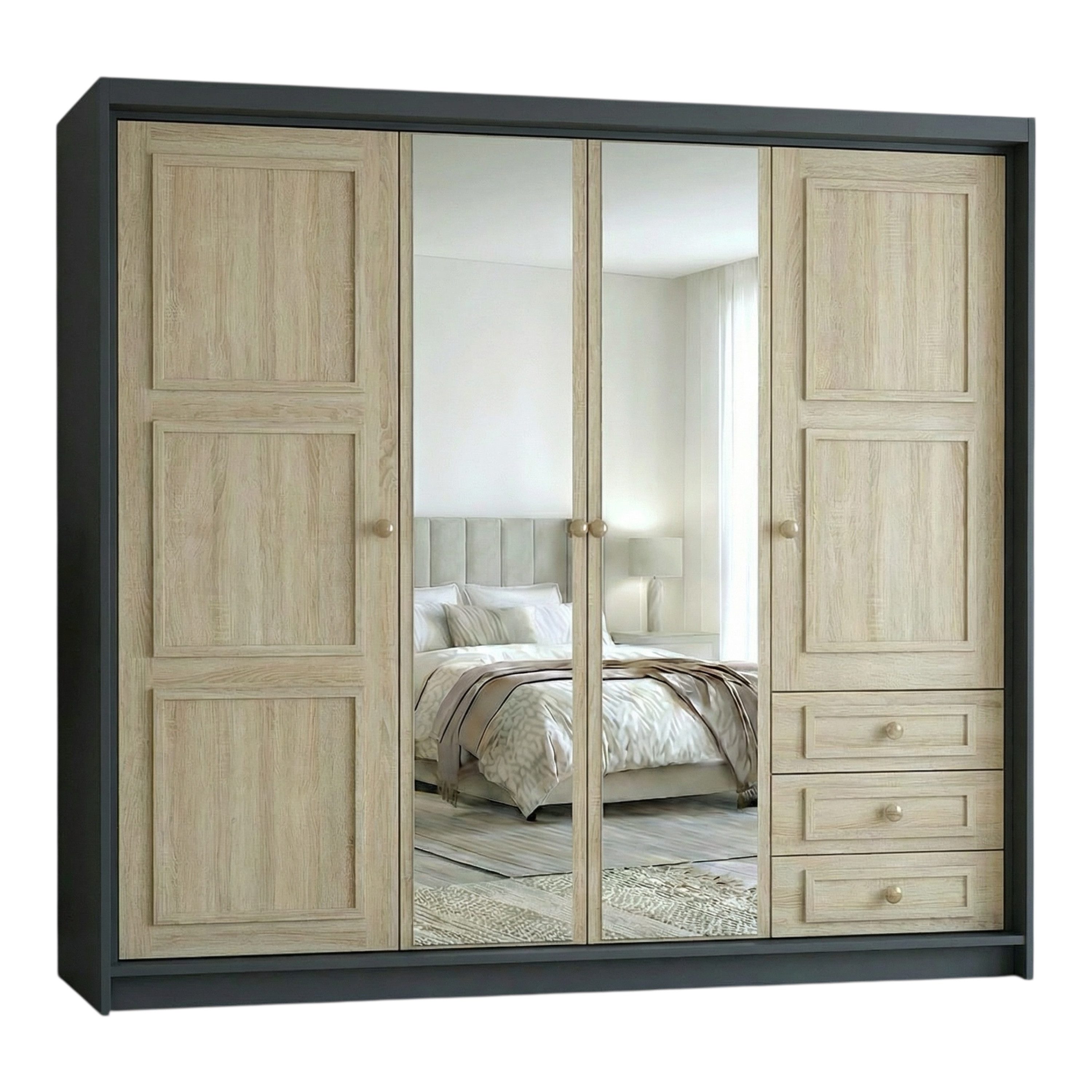A&J MöbelLand GmbH Drehtürenschrank OSLO viertüriger Kleiderschrank mit Schubladen und Metallgriffen (Geräumiger viertüriger Kleiderschrank mit Schubladen und Metallgriffen. Geräumiger Schrank mit einer Breite von 200 cm und Schubladen, ideal zur Aufbewahrung von Kleidung und Accessoires. Viel Stauraum. TOP PRODUKT! Wählen Sie das ideale Modell für Ihr Schlafzimmer!, TOP ANGEBOT) Breite: 200 cm, Höhe: 215 cm, Tiefe: 59,5 cm