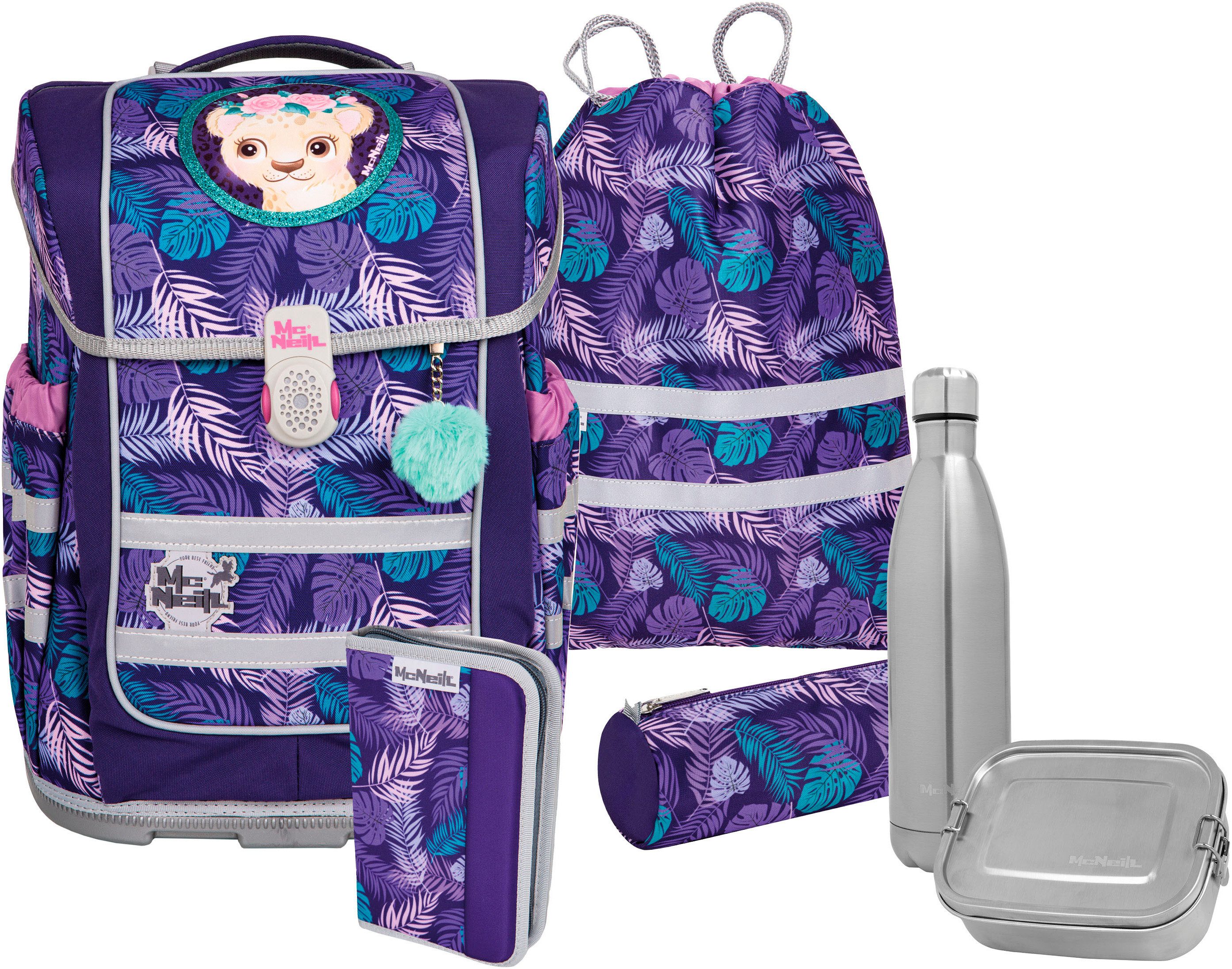 McNeill Ранцы Ergo Compacto, Dschungel (Set, 5-tlg), inkl. Federmäppchen, Turnbeutel, Schlamperrolle & Motivmagnet