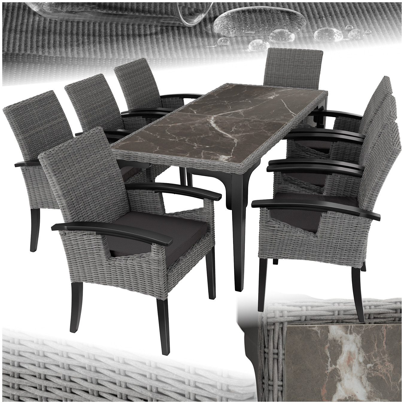 tectake Sitzgruppe Rattan Tisch mit 8 Stühlen, Armlehnen und Beine aus Holz, (Loungeset, 9-tlg., für Außen in Grau), 2 abnehmbare Feinsteinzeugplatten, wetterfest und UV-beständig