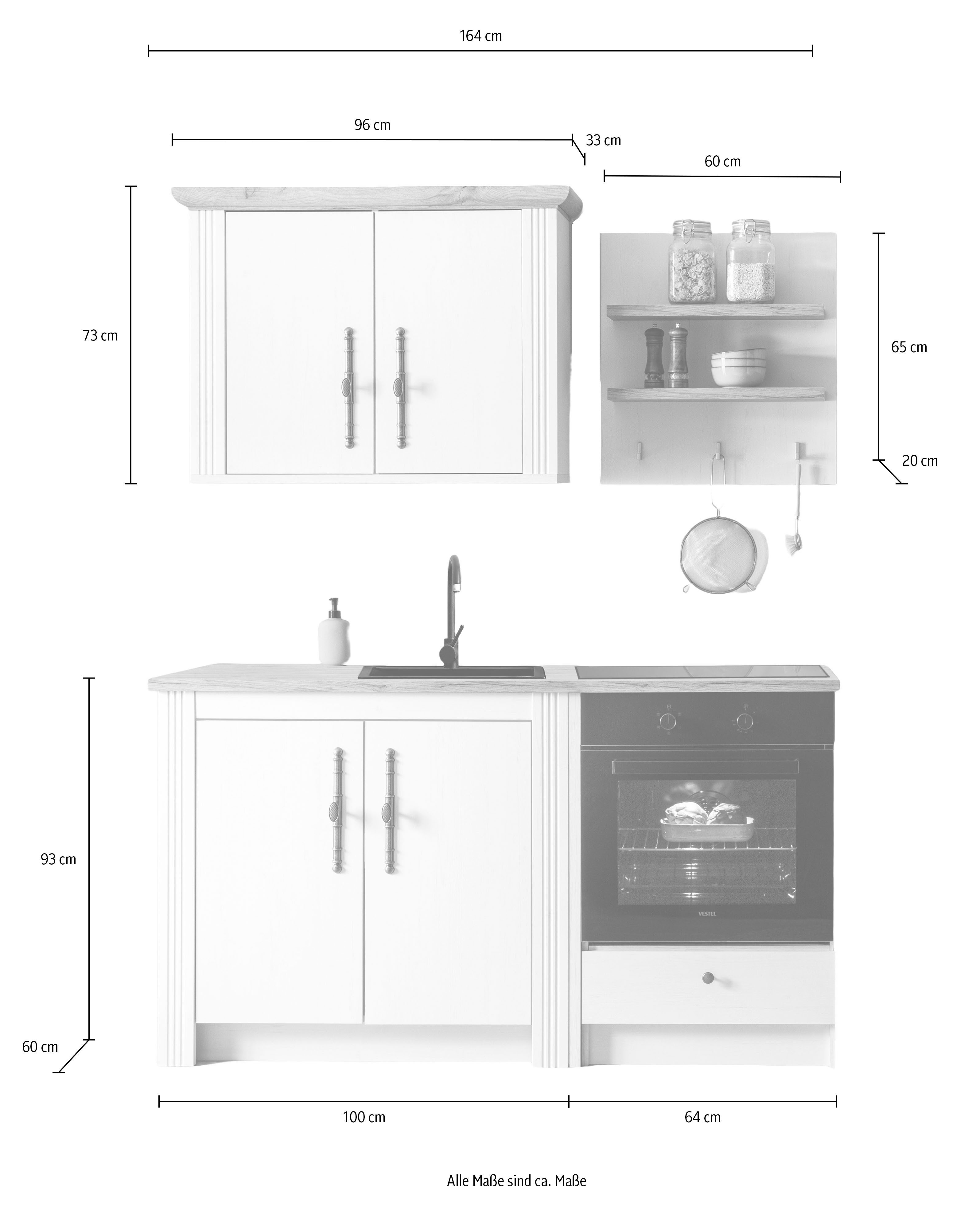 KOCHSTATION Küchenzeile KS-Westminster, Pantryküche im Landhaus Stil, hochwertige Metallgriffe, (Set), Breite 164 cm, Kommode, Wandpaneel, Hängeschrank und Herdumbau