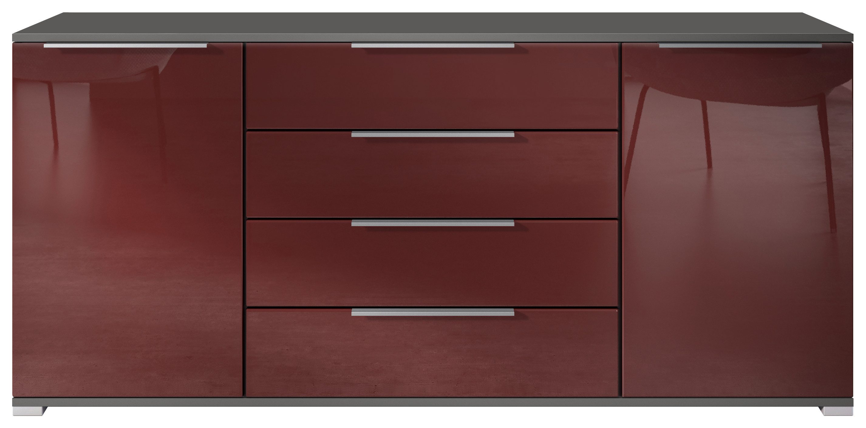 Vladon Sideboard Linio V2 (Moderne Kommode, mit 2 Türen & 4 Schubladen), Anthrazit matt/Bordeaux Hochglanz, 166,5 x 75,5 x 35 cm (BxHxT)