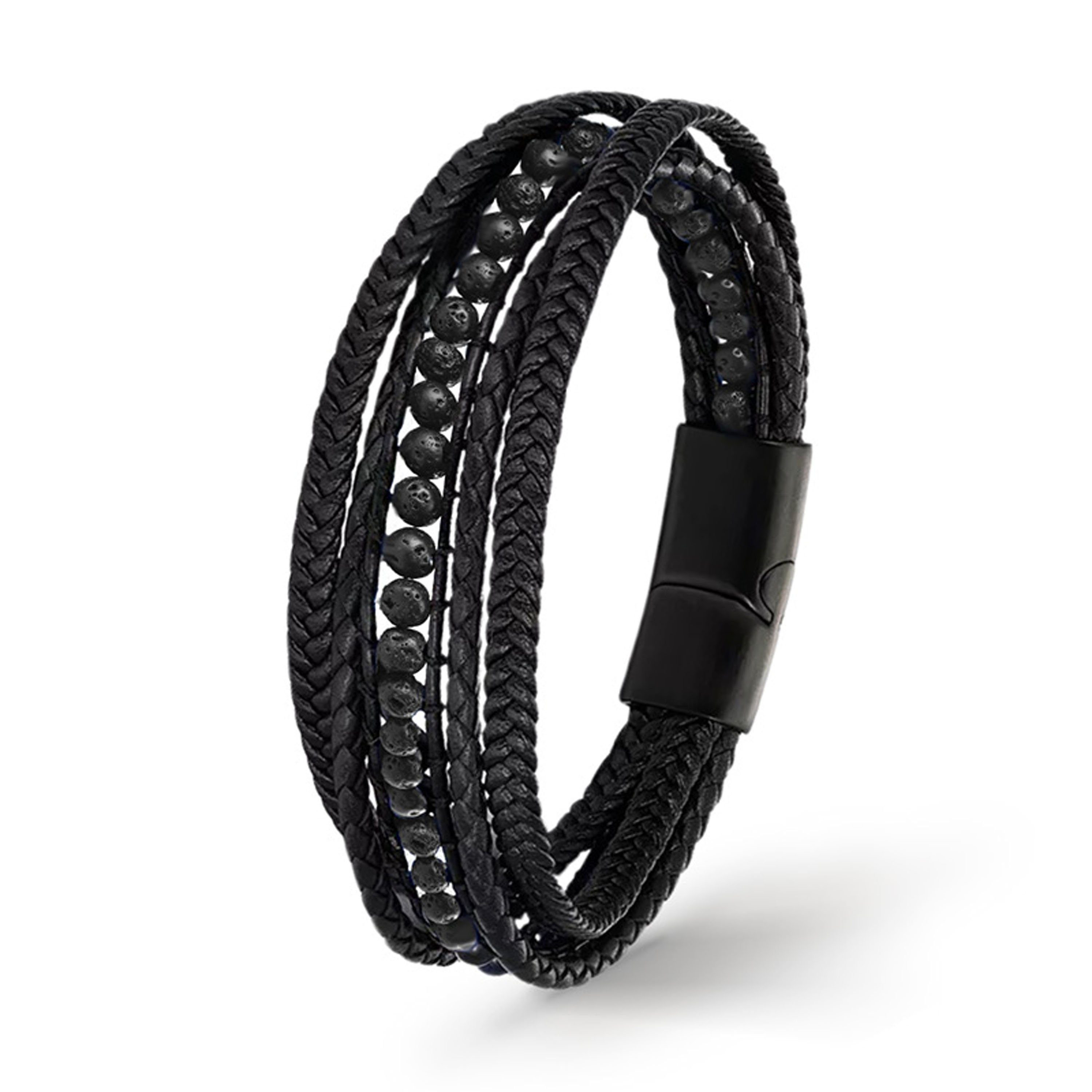 Geflochten "DELUXE" Lederarmband handgefertigt) Lava Echtleder, Schwarz Perlenarmband UNIQAL.de Style, Herren Naturstein Casual Lederarmband (Edelstahl,