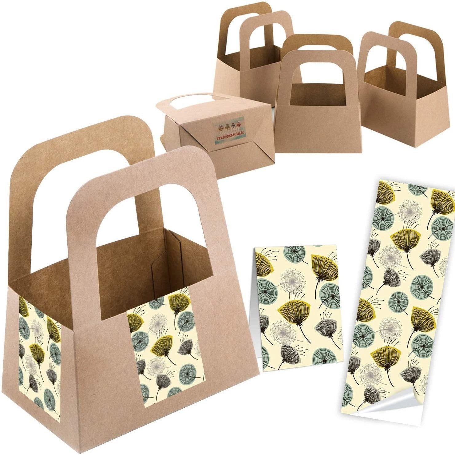 Logbuch-Verlag Aufkleber 5 Henkelkörbe aus Kraftpapier + 10 Aufkleber mit Pusteblumen