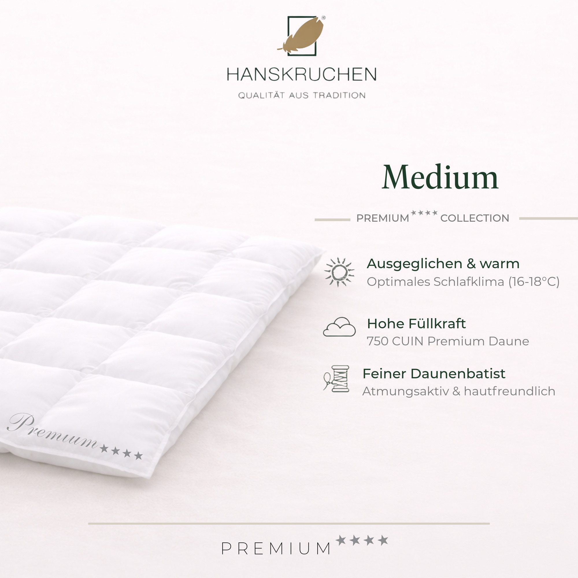 HANSKRUCHEN Daunenbettdecke Hanskruchen Daunendecke Premium 4 Sterne Medium 135 x 200 cm, Bezug: 100% Baumwolle