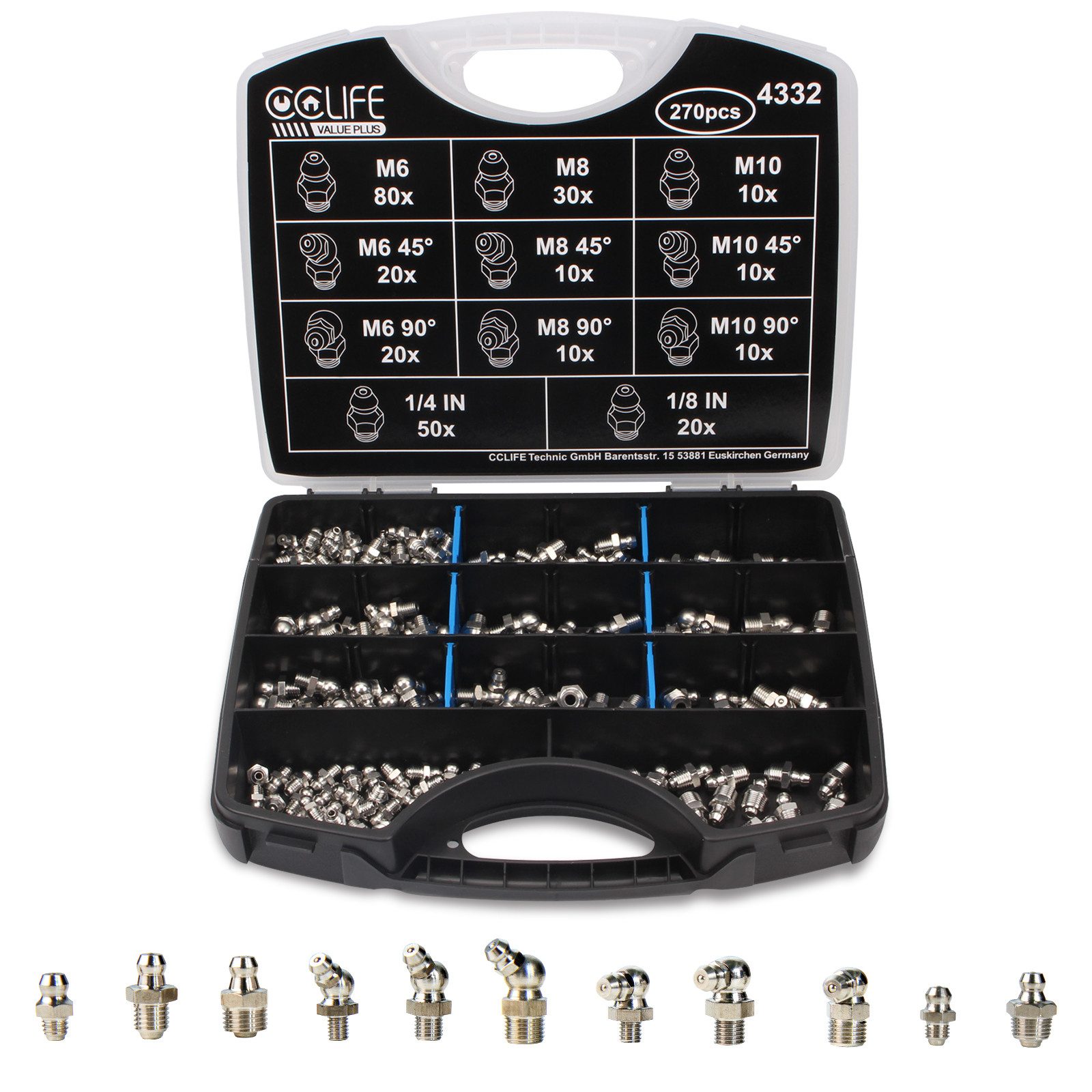 CCLIFE Montage-Kit Schmiernippel Verzinkt Fettnippel Kegelschmiernippel Sortiment 270tlg, (270-tlg)