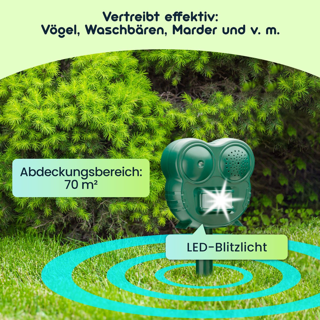 Casativo Ultraschall-Tierabwehr Tiervertreiber LED-Blitzlicht & PIR-Sensor 70 m² 2in1 Tierschreck, 2-tlg., PIR-Sensor 110° Winkel ca. 8 m Reichweite, Licht & Ul – Bild 4 von 5