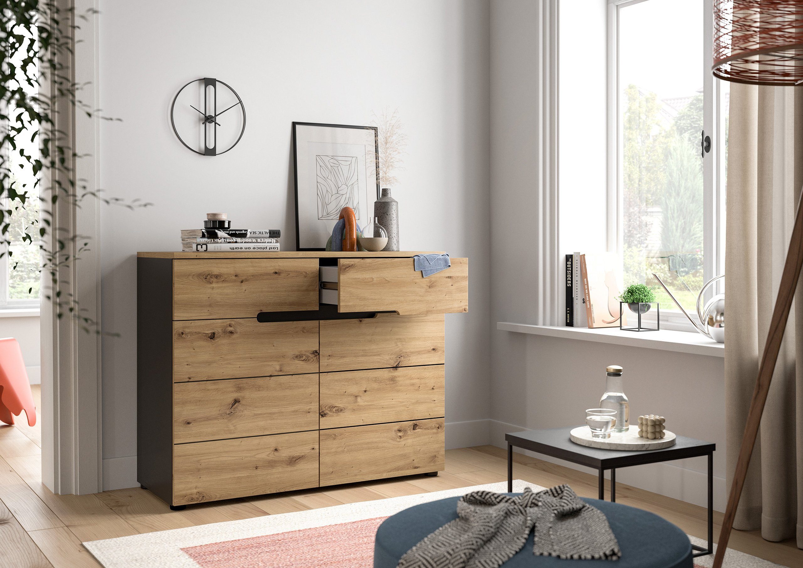 Newroom Kommode Basalt Grau 81 cm, Kommode Artisan Eiche Basalt Grau Sideboard Highboard Industrial Mo...