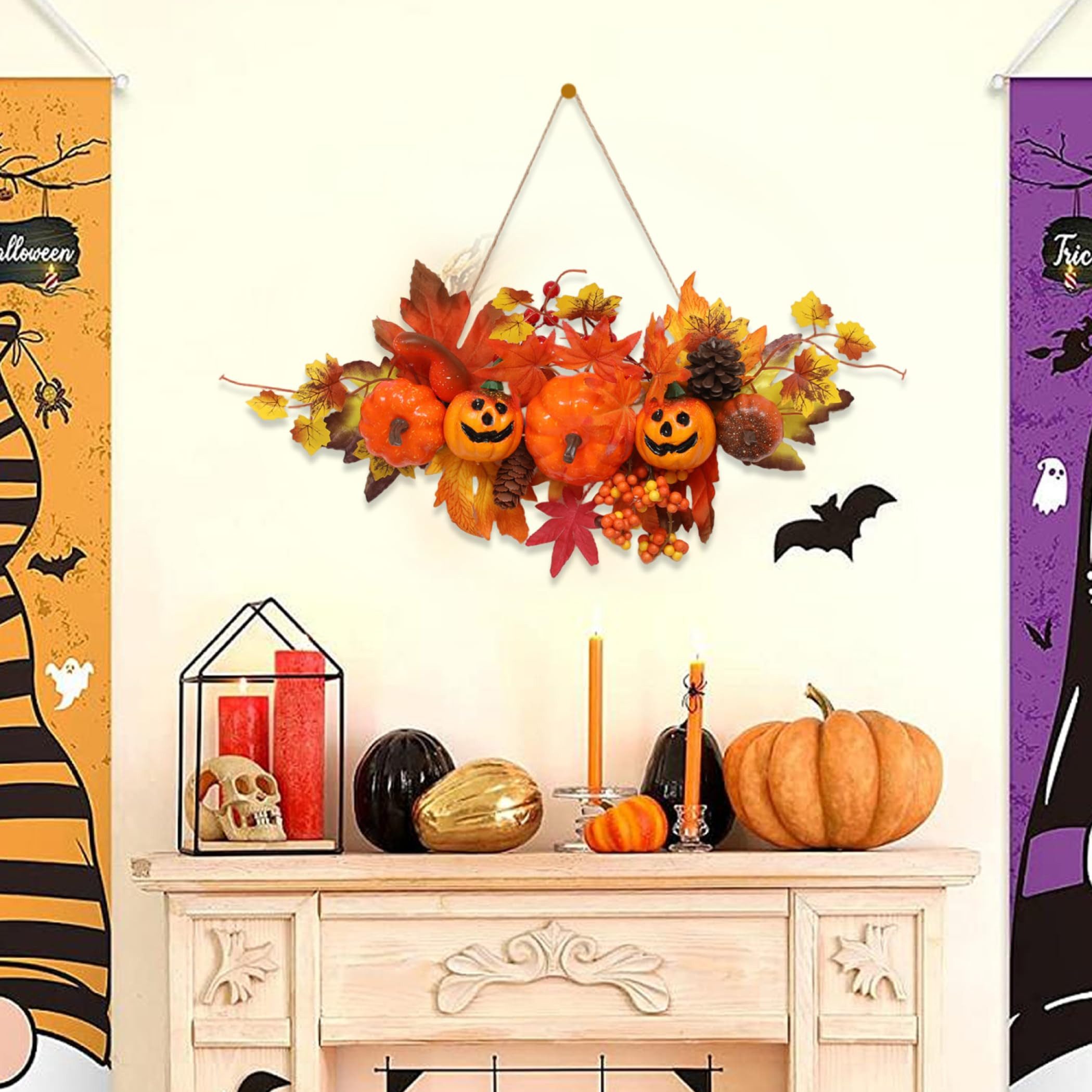 Sorvyzxn Dekokranz Halloween Hängedeko Herbstdeko, Kürbis Ahornblatt Türdeko, mit Aufhängung, Haustür Dekoration für Zuhause – Bild 3 von 5