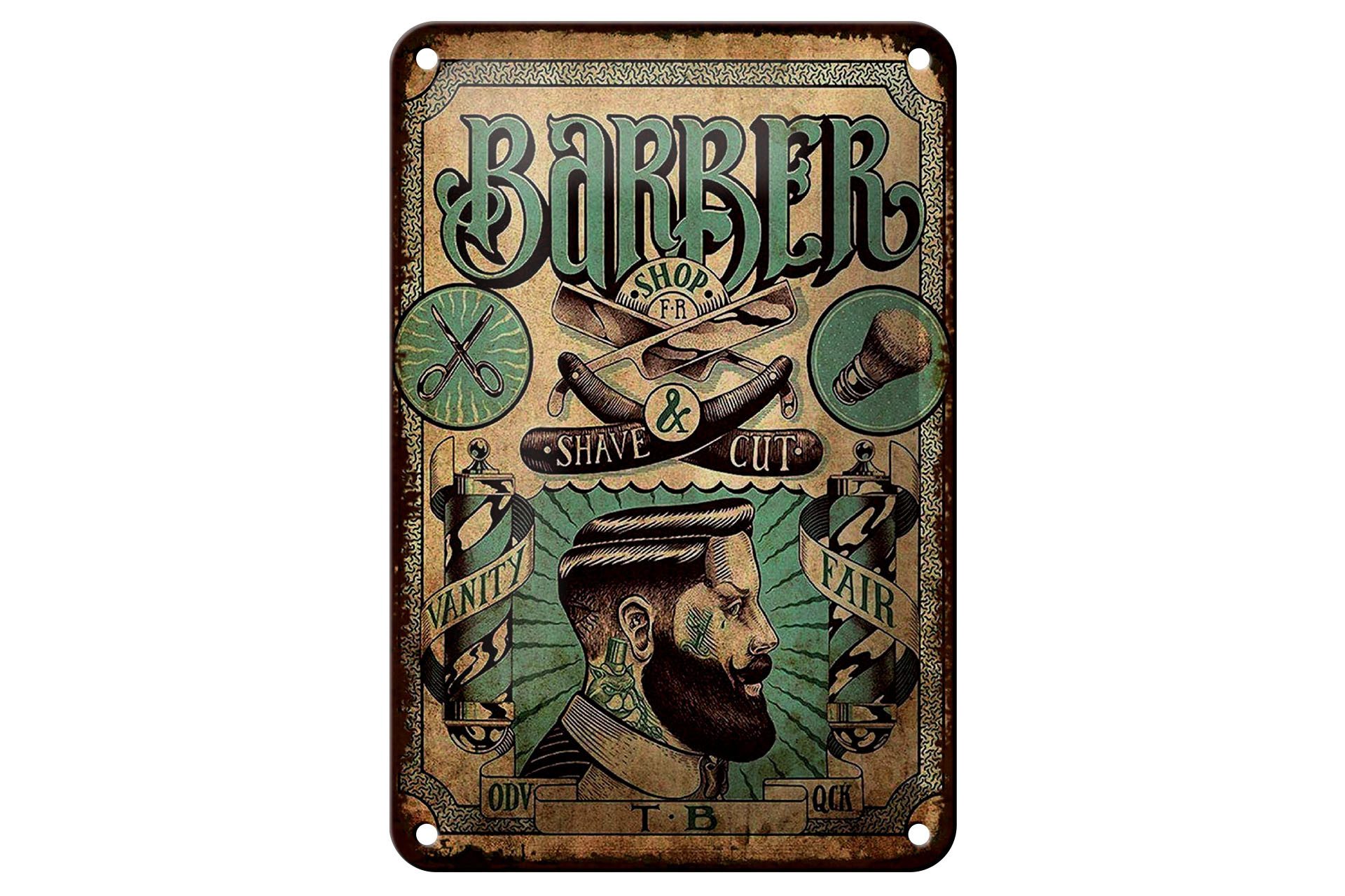 Femer GmbH Metallschild Hinweis 12x18 cm Barber Shop Shave and cut, (1 St), gewölbte Oberfläche, abgerundete Ecken, umgeschlagene Kanten