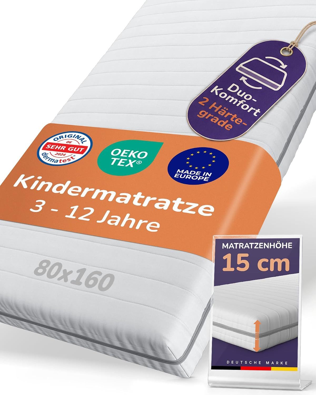 Kindermatratze Komfortschaum 60° waschbar - Oeko Tex 100 - 2-in-1 Kinderbett, Finnson, 15 cm hoch, (3-12 Jahre, hypoallergen & atmungsaktiv, 2 Härtegrade, 2-in-1 Mitwachs-System, 80x160, 90x190, 90x200, 120x200, 140x200), antiallergisch