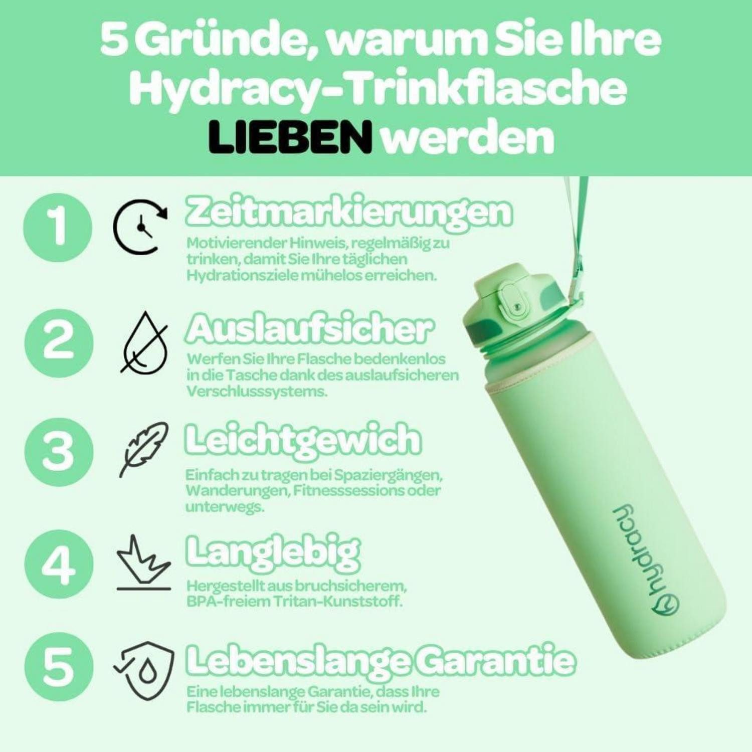 LuxusKollektion Trinkflasche Trinkflasche Zeitmarkierung BPAfrei 1L - Strohhalm Aqua Grün