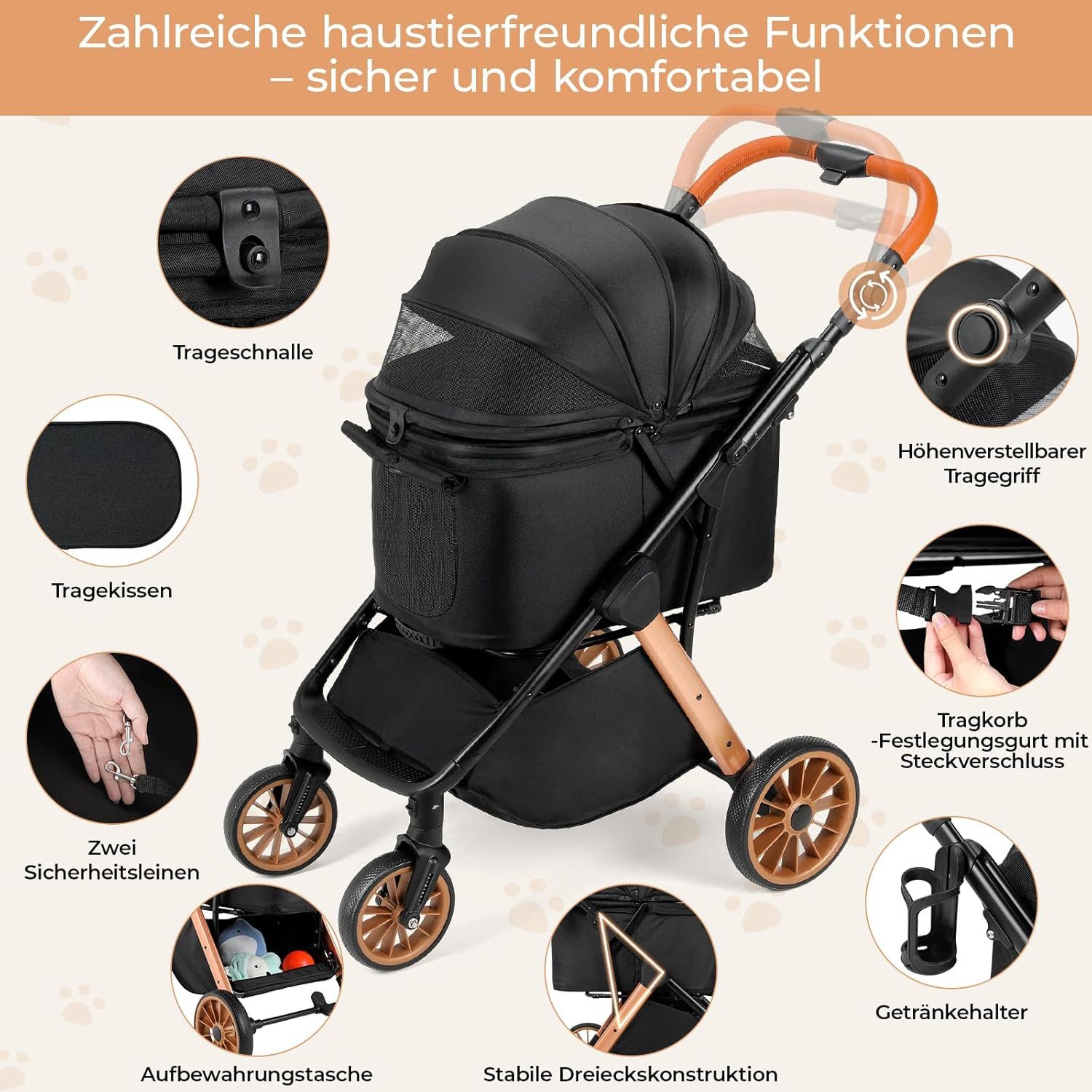 TLGREEN Hundebuggy One-Touch Faltbarer bis 25 kg, (Leichter Katzenwagen mit 360° Rädern & Belüftung, Großer Stauraum), Ideal für Kleine Hunde, Ältere Tiere, Reisen, Tierarzt