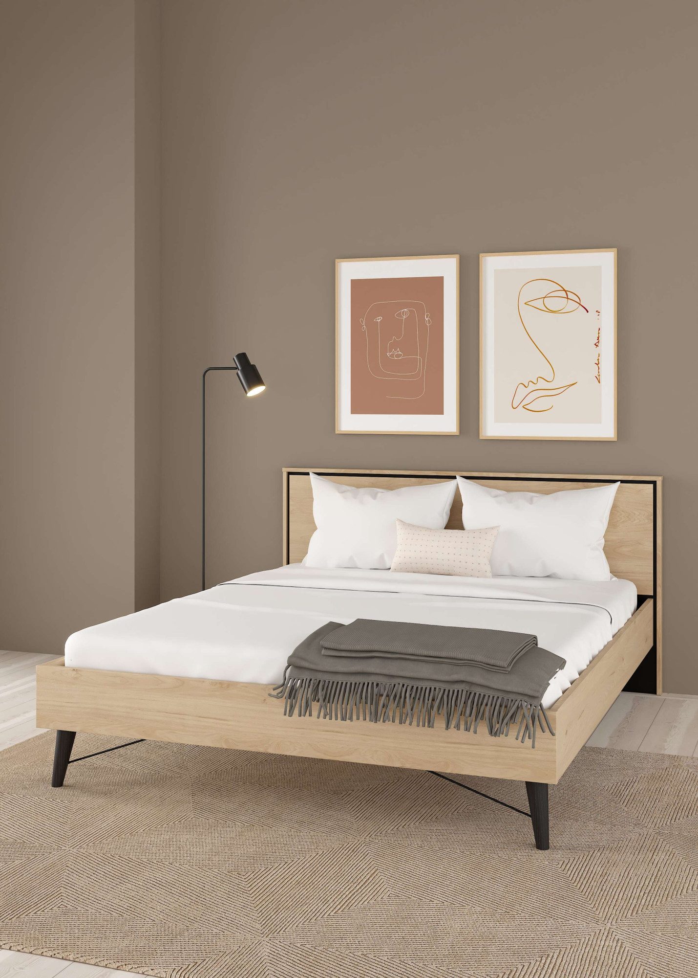 andas Bett Ry Bettrahmen, Bettgestell, Doppelbett, mit hohem Kopfteil, Beine aus Vollholz