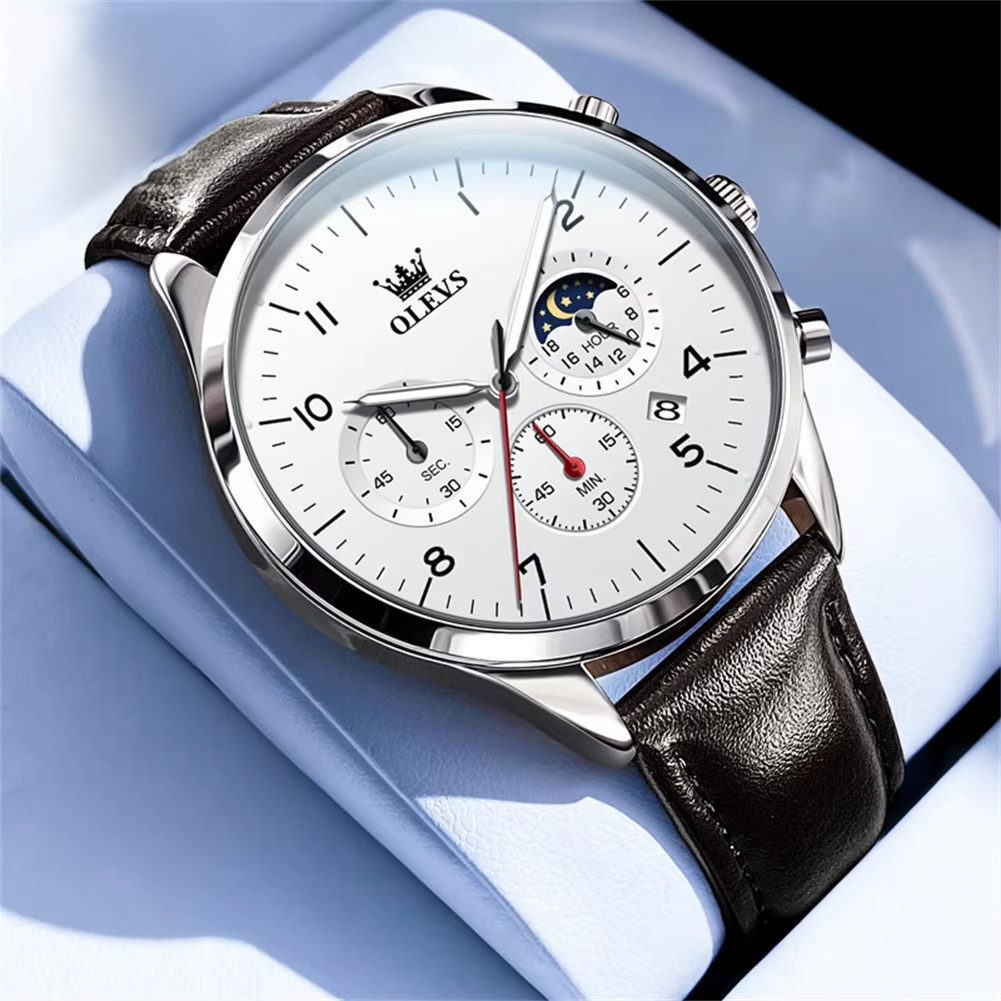 OLEVS Quarzuhr Herren Olevs Chronograph Uhr mit Tag & Nacht Anzeige, Lederarmband