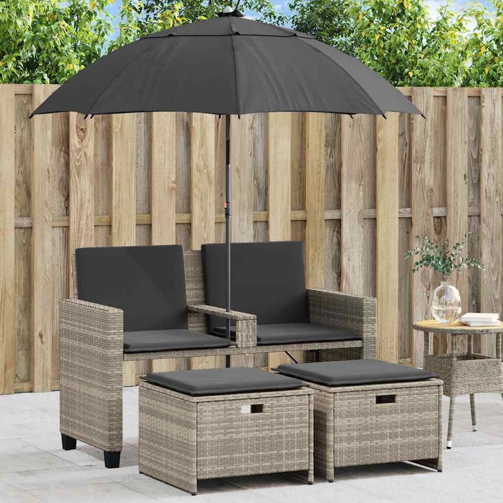 vidaXL Loungesofa Gartensofa 2-Sitzer Sonnenschirm und Hocker Hellgrau Polyrattan, 1 Teile