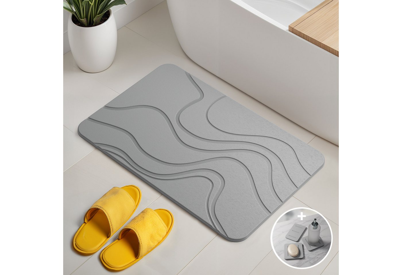 Björn&Schiller Badematte Stein Kieselgur Matte Badezimmer 60x39 cm Duschvorleger, Höhe 9 mm, rutschfeste Oberfläche, schnelle Wasseraufnahme, einfache Reinigung, umweltfreundlich, Kieselgur, Rechteckig, Schnelltrocknend