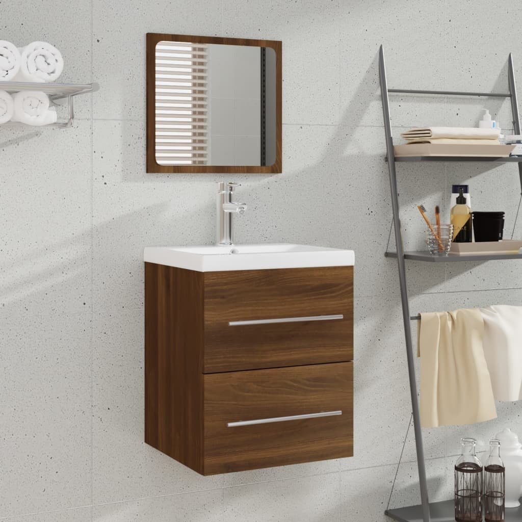 vidaXL Badezimmerspiegelschrank Waschbeckenschrank mit Einbaubecken Braun Eiche Holzwerkstoff (2-St) Braune Eiche
