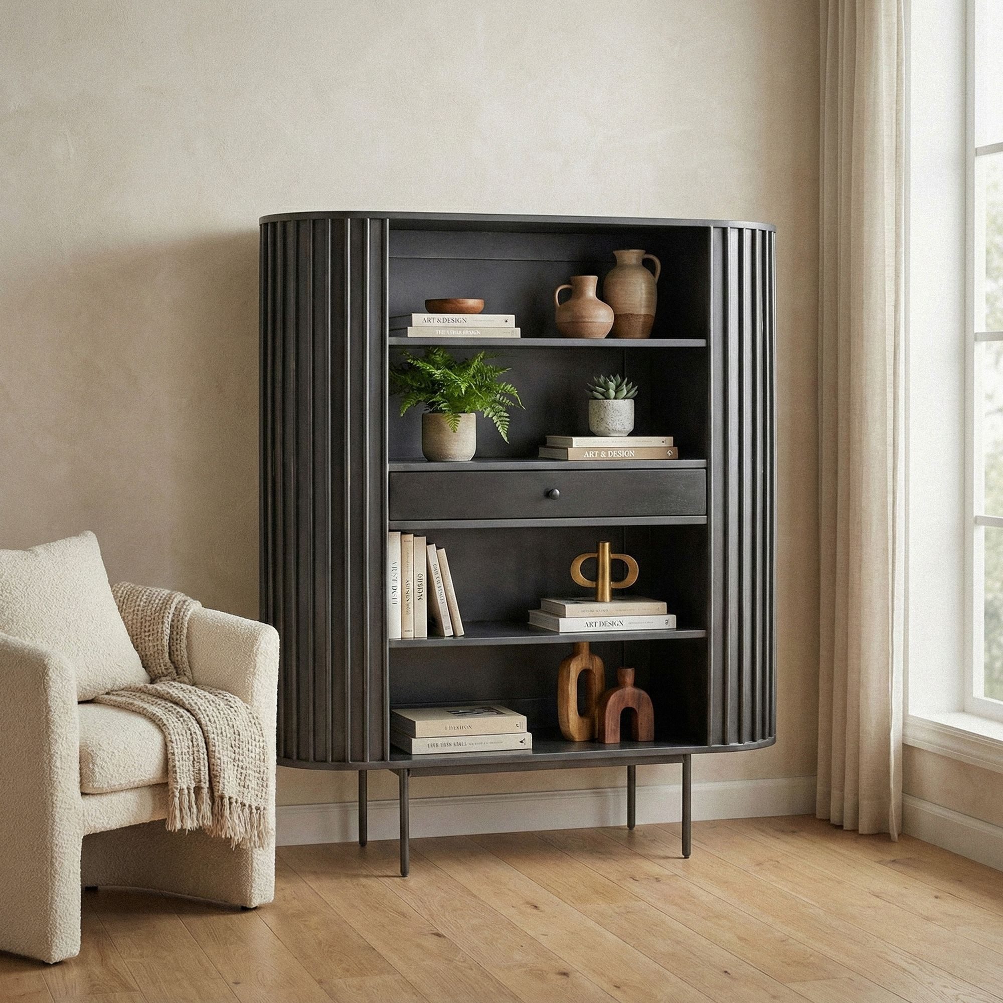 FINEBUY Bücherregal FB60541 Standregal Massivholz 105cm Wohnregal Standregal Stauraumregal, Funktionale Aufbewahrung im zeitlosen Look, Natürliches Möbelstück mit klarer Linienführung