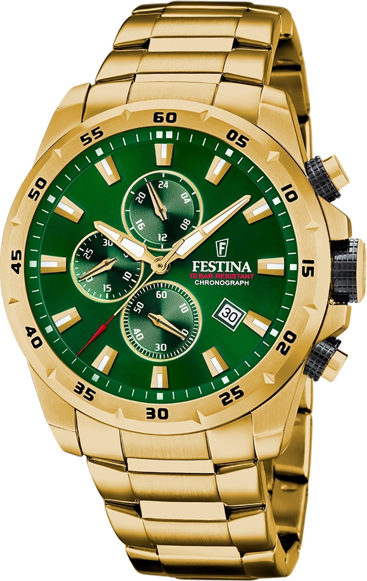 Festina Quarzuhr Festina Herrenuhr Chronograph Sport, (Analoguhr), Herren Armbanduhr rund, Edelstahlarmband gold, Sportlich