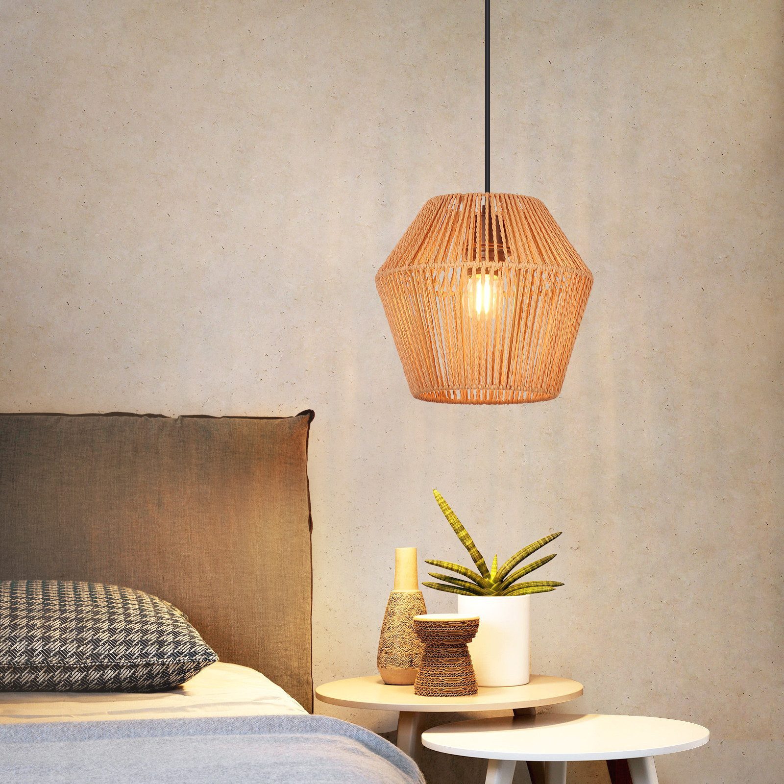 ZMH Pendelleuchte Esszimmer 150 cm Vintage Rattan Hängelampe E27 für Wohnzimmer Flur, ohne Leuchtmittel