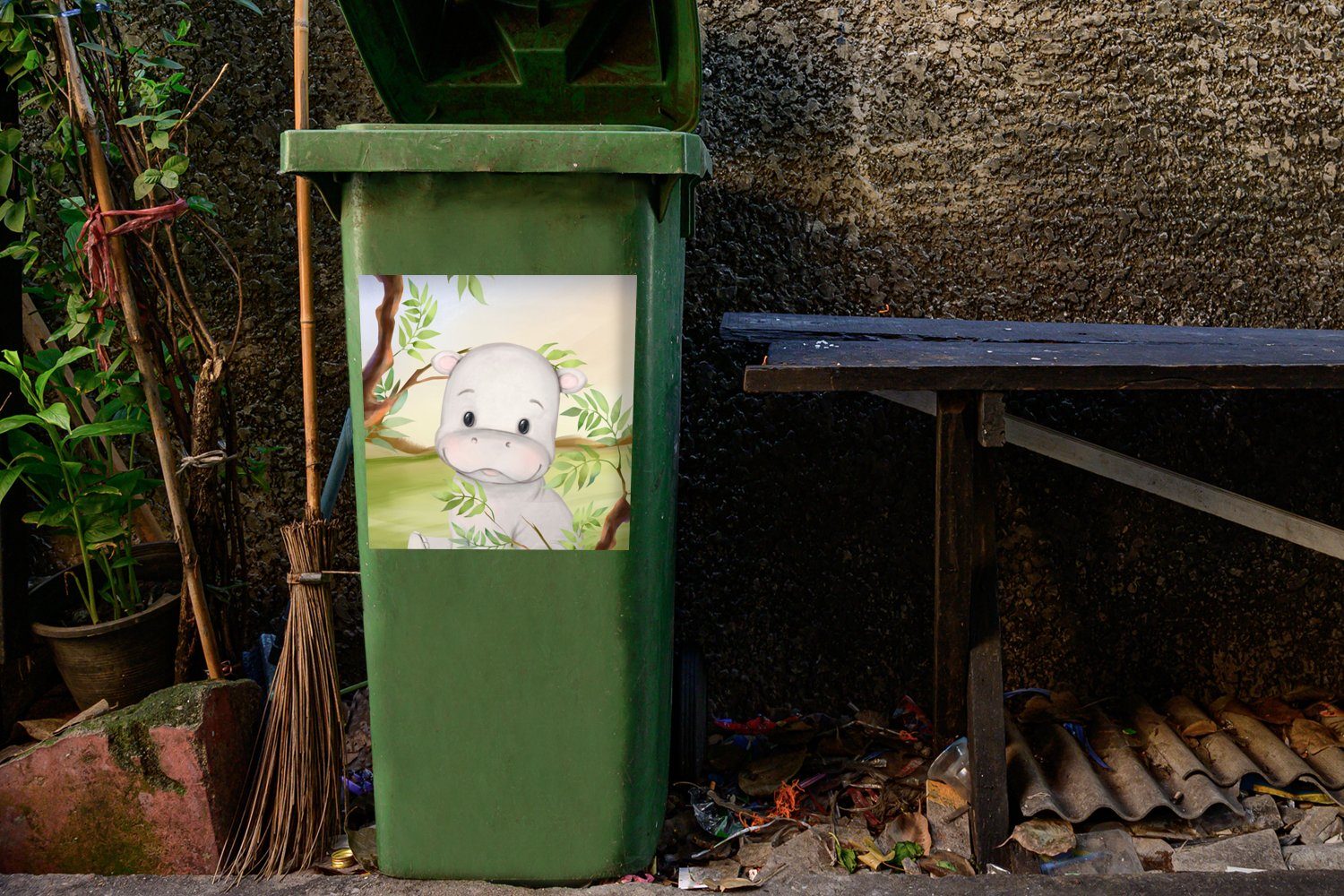 Wandsticker St), Sticker, Abfalbehälter MuchoWow Dschungel (1 Nilpferd - - Mülltonne, Mülleimer-aufkleber, Blätter Container,