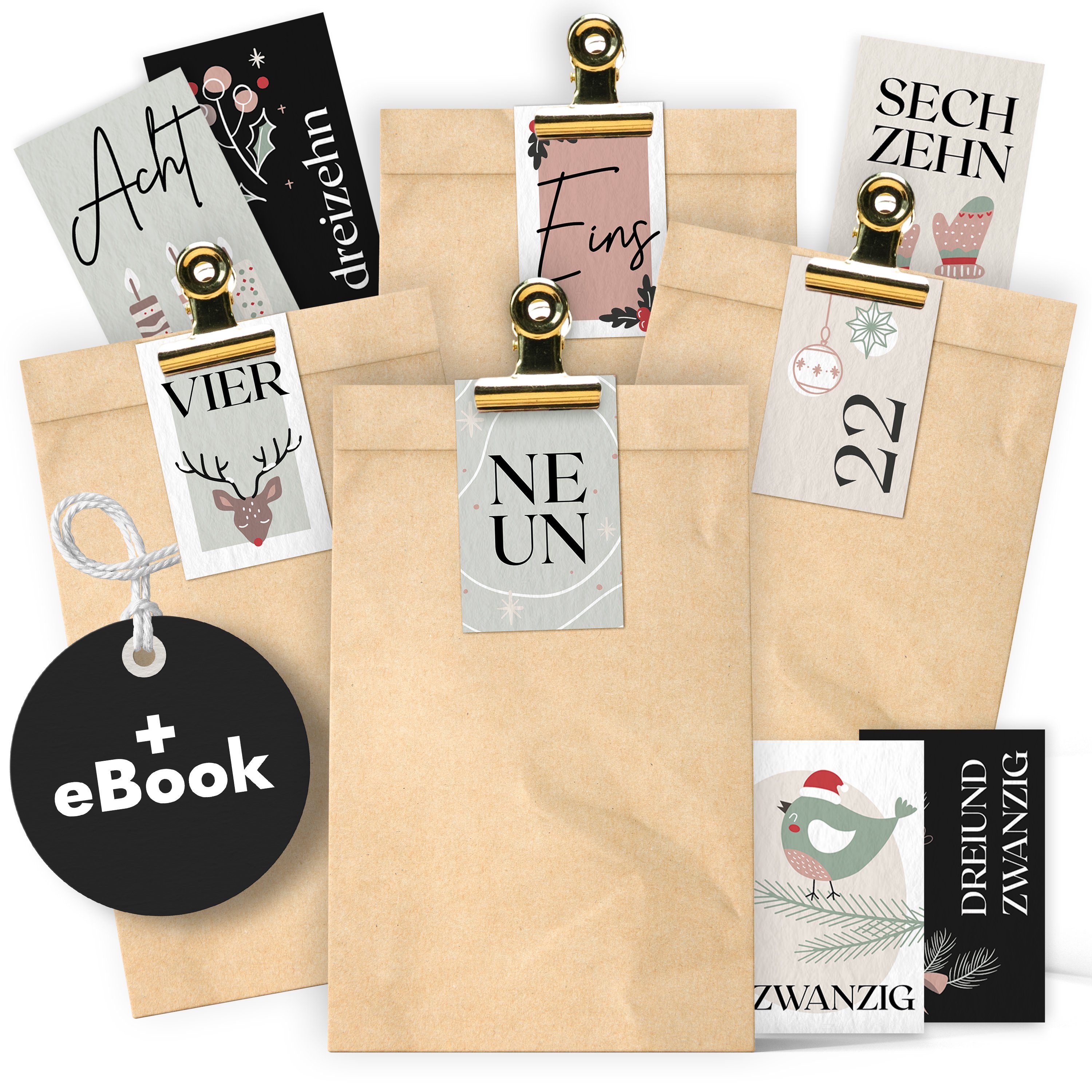 Amari befüllbarer Adventskalender Adventskalender zum Befüllen 2026, 24 Papiertüten 14×22 cm mit Zahlen (DIY Set, 72-tlg), Designs für Kinder & Erwachsene, wiederverwendbar, Ideen zum Befüllen