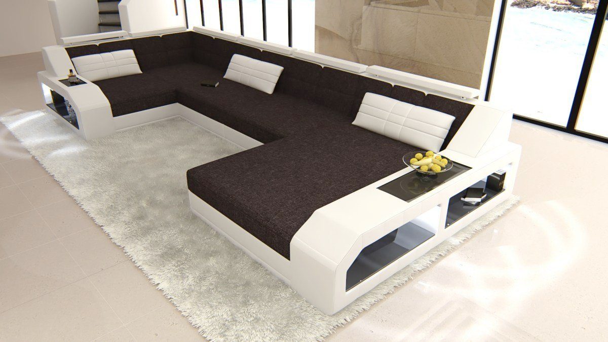 Sofa Dreams Wohnlandschaft Arezzo H - U Form Stoffsofa, mit LED, wahlweise mit Bettfunktion als Schlafsofa, Designersofa H10 Dunkelbraun-Weiss