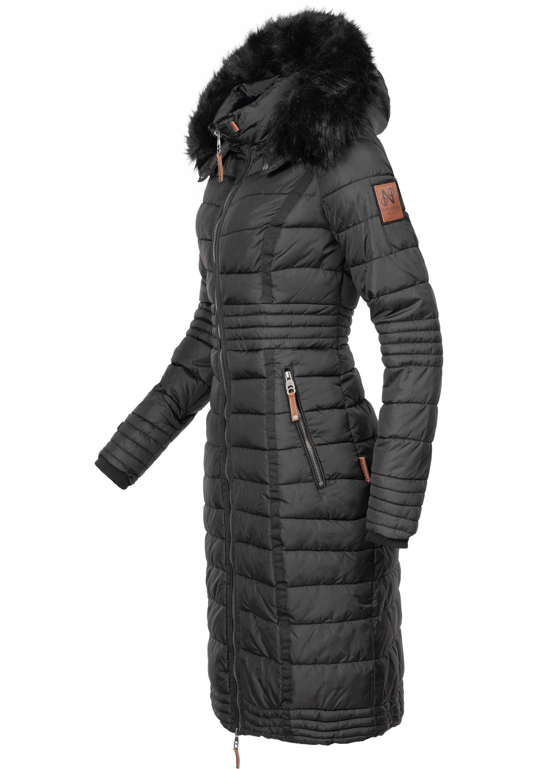 Navahoo Wintermantel Umay langer Damen Winter Steppmantel mit Kunstfellkapuze