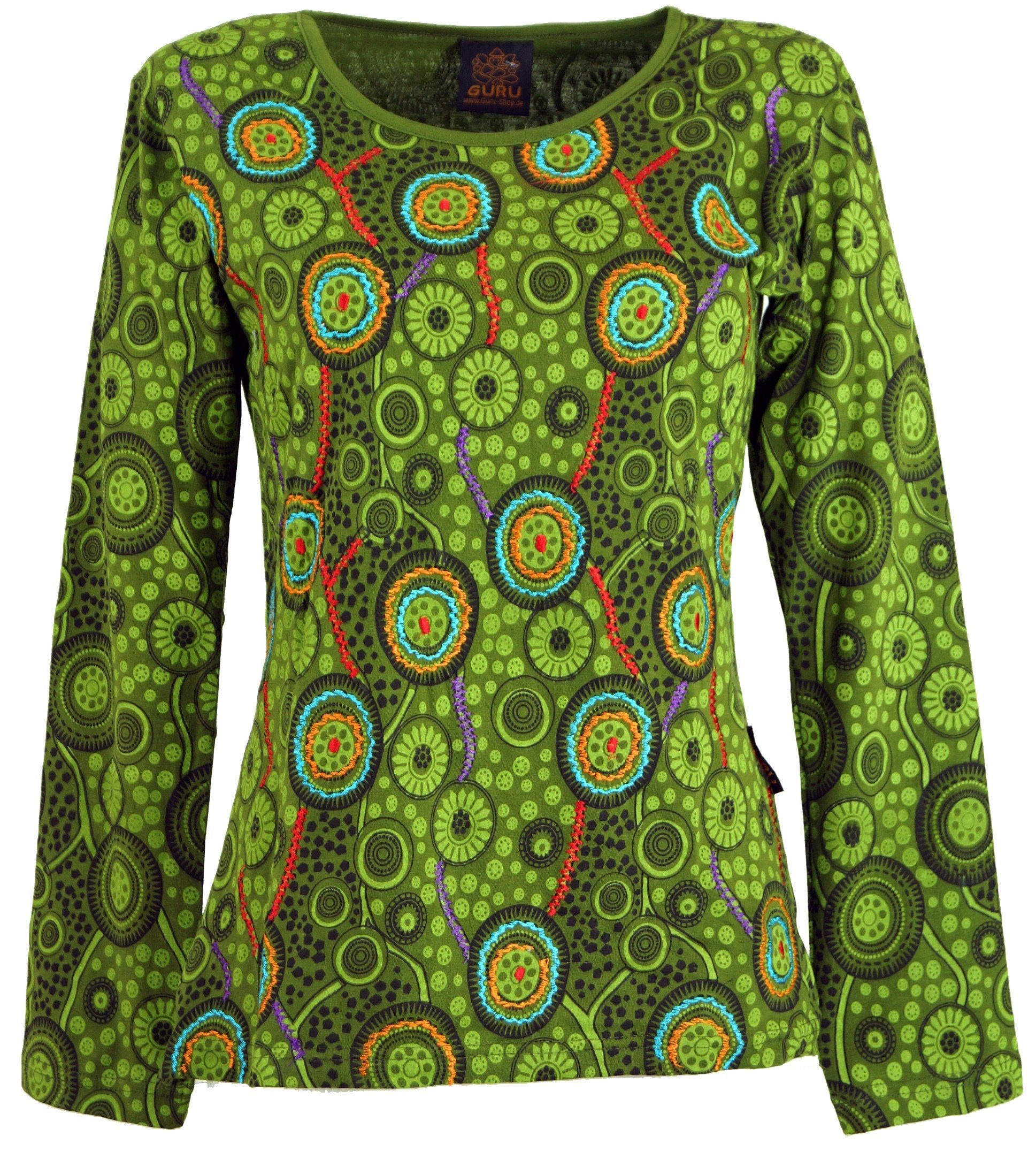 Guru-Shop Longsleeve Besticktes Langarmshirt Hippie chic Retro - grün alternative Bekleidung
