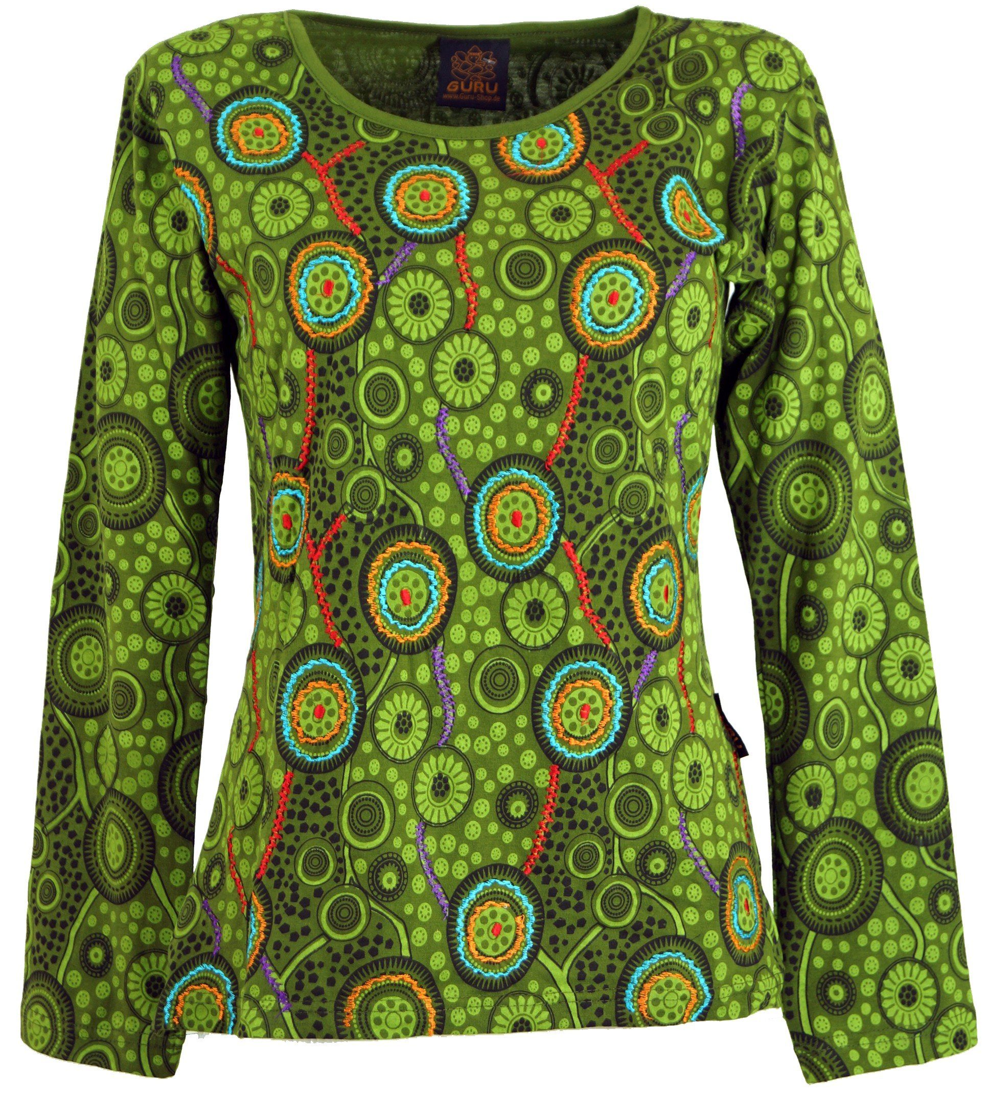 Guru-Shop Longsleeve Besticktes Langarmshirt Hippie Bekleidung alternative Retro chic - grün