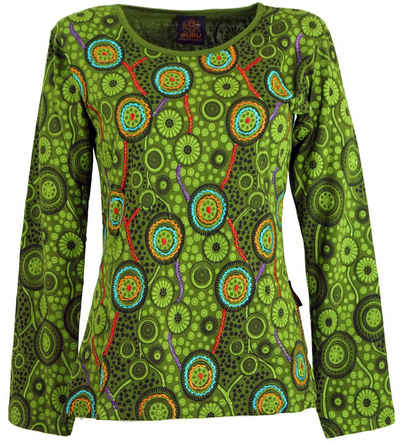 Guru-Shop Longsleeve Besticktes Langarmshirt Hippie chic Retro - grün alternative Bekleidung