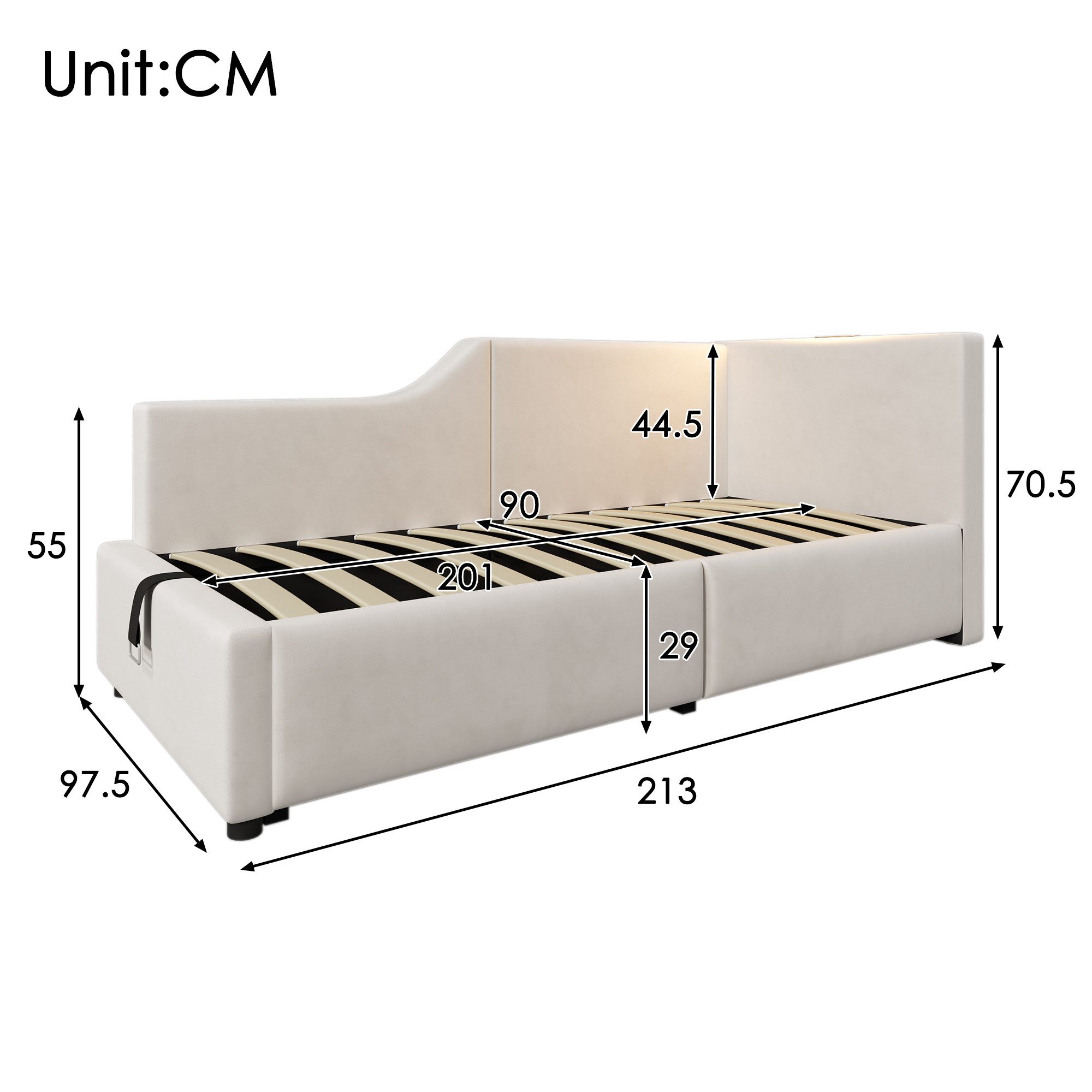 Merax Daybett mit hydraulischem Stauraum (Hydraulisches Schlafsofa Kinderbett Jugendbett Sofabett aus Samt, 1 tlg), Polsterbett Tagesbett 90x200cm mit USB-C Ladeanschluss & Leselampe