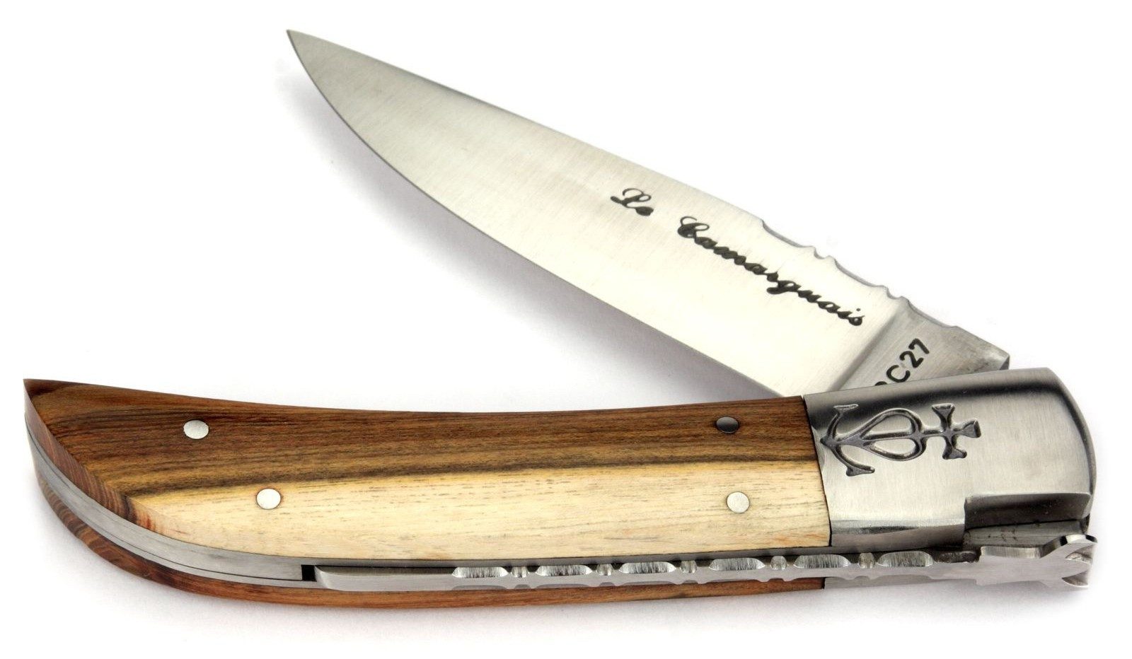 Le Camarguais Taschenmesser 20011, Griff 12cm Pistazienholz - Feder, Klingenrücken verziert - Stahl matt