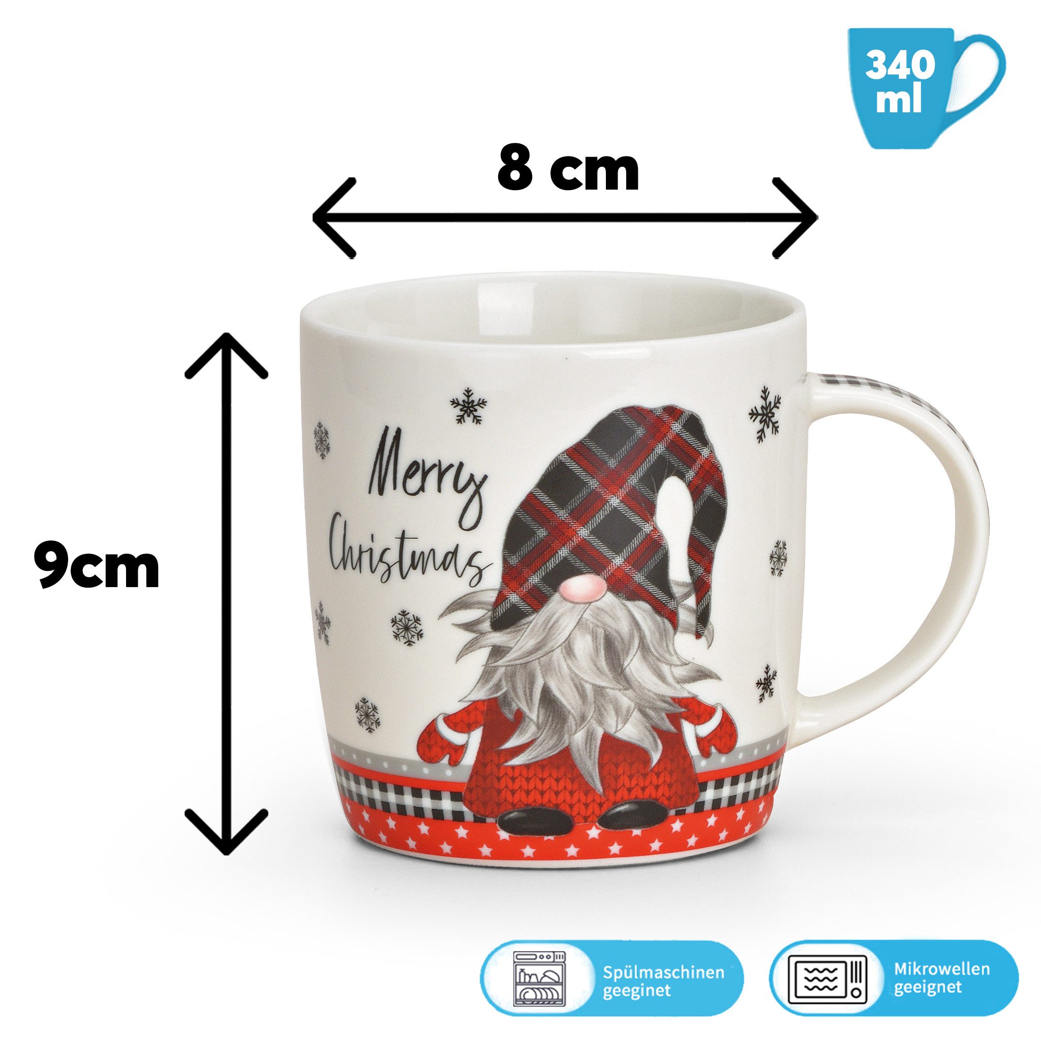 matches21 HOME & HOBBY Tasse Weihnachtstassen 2er Set mit Spruch Merry Christmas Wichtel, 2-tlg., Porzellan, Tee Kaffee-Becher, Weihnachten, modern, grau weiss rot, 340 ml