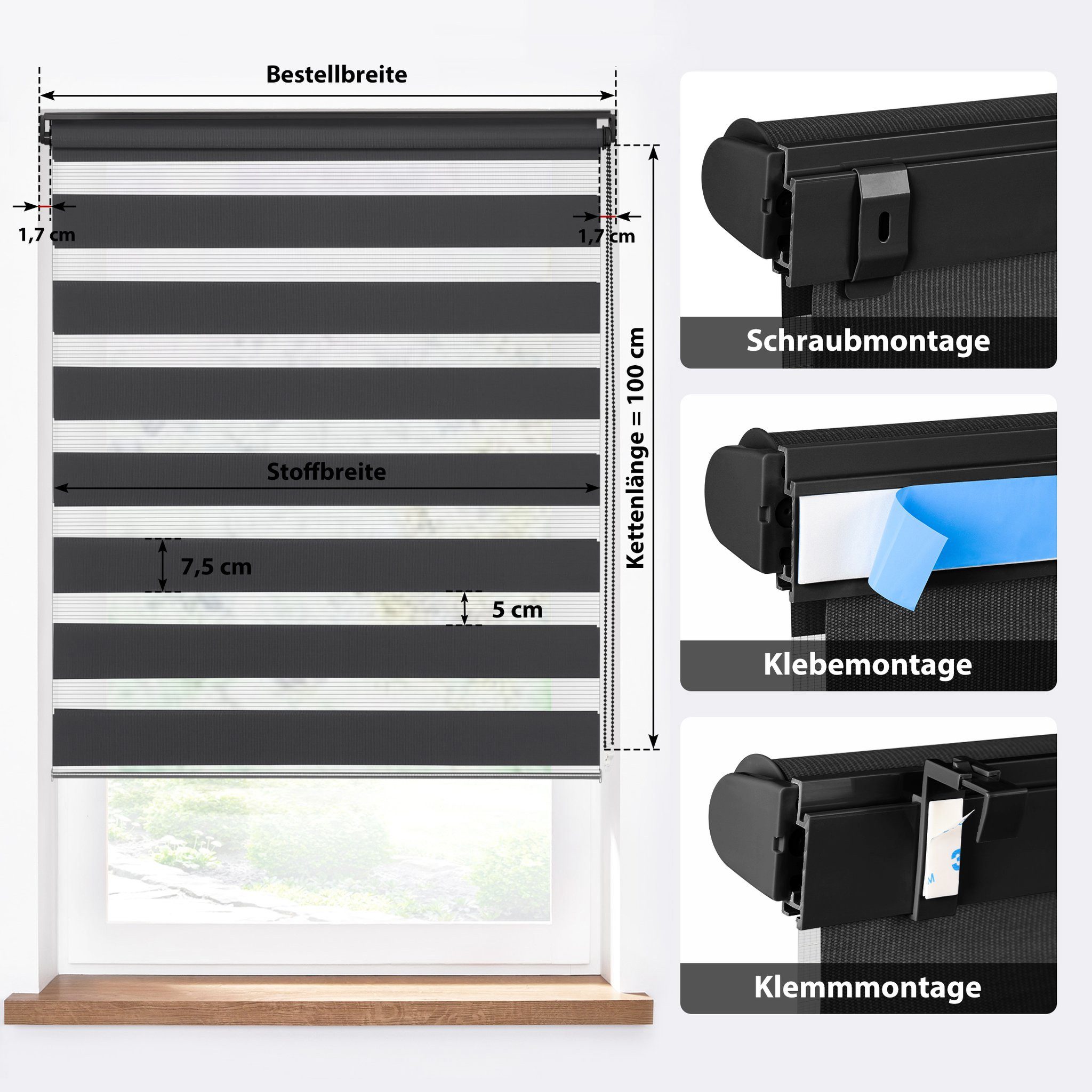 Doppelrollo 30 x 150 cm, schwarz [Stoffbreite 26,6 cm], jalousiescout, blickdicht, mit Bohren/ohne Bohren, freihängend, Klemmen, Kleben und Schrauben OHNE Aufpreis, Lichtdurchlässig, Klemmträger, Feuchtraumgeeignet
