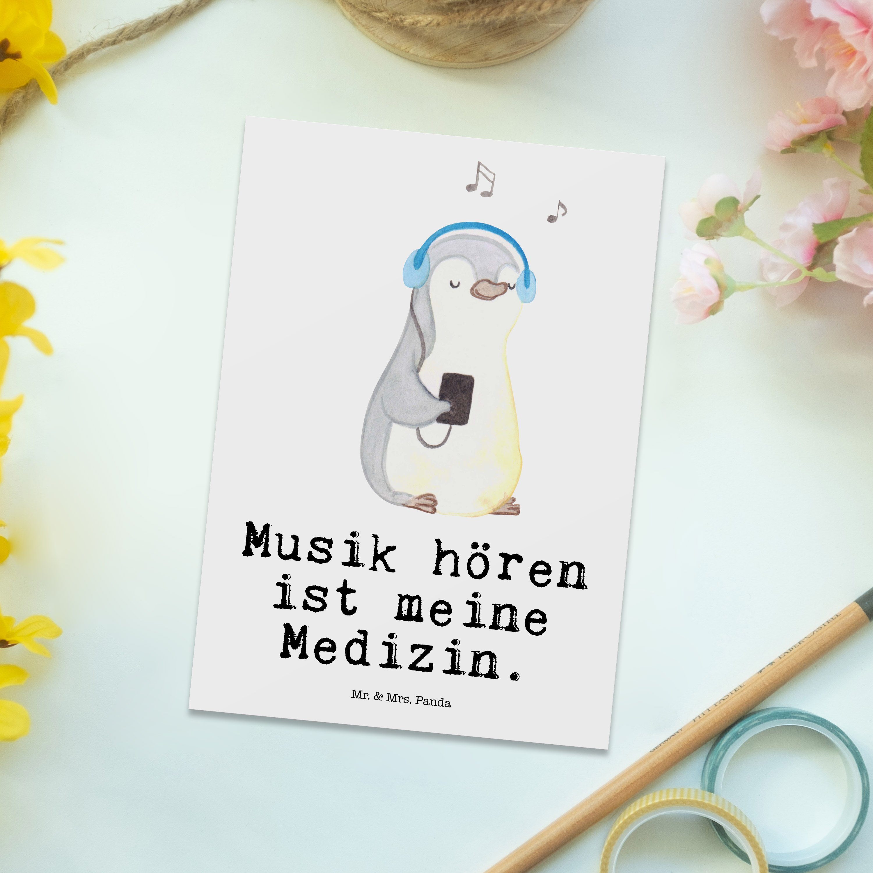 hören Musik Pinguin - Mr. Panda Postkarte - Lieblingssong, Weiß Medizin Geschenk, Mrs. & Auszeic
