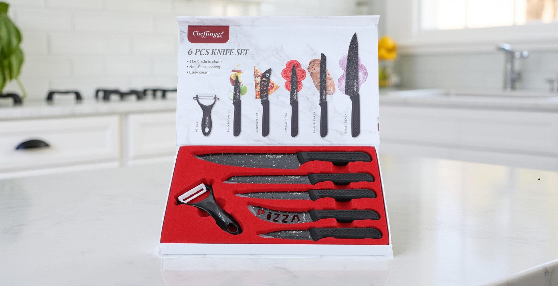 Cheffinger Messer-Set 6-teilig mit Schäler in Schwarz - ergonomisch & vielseitig (6-tlg), 6-teilig, Edelstahl – Bild 3 von 3