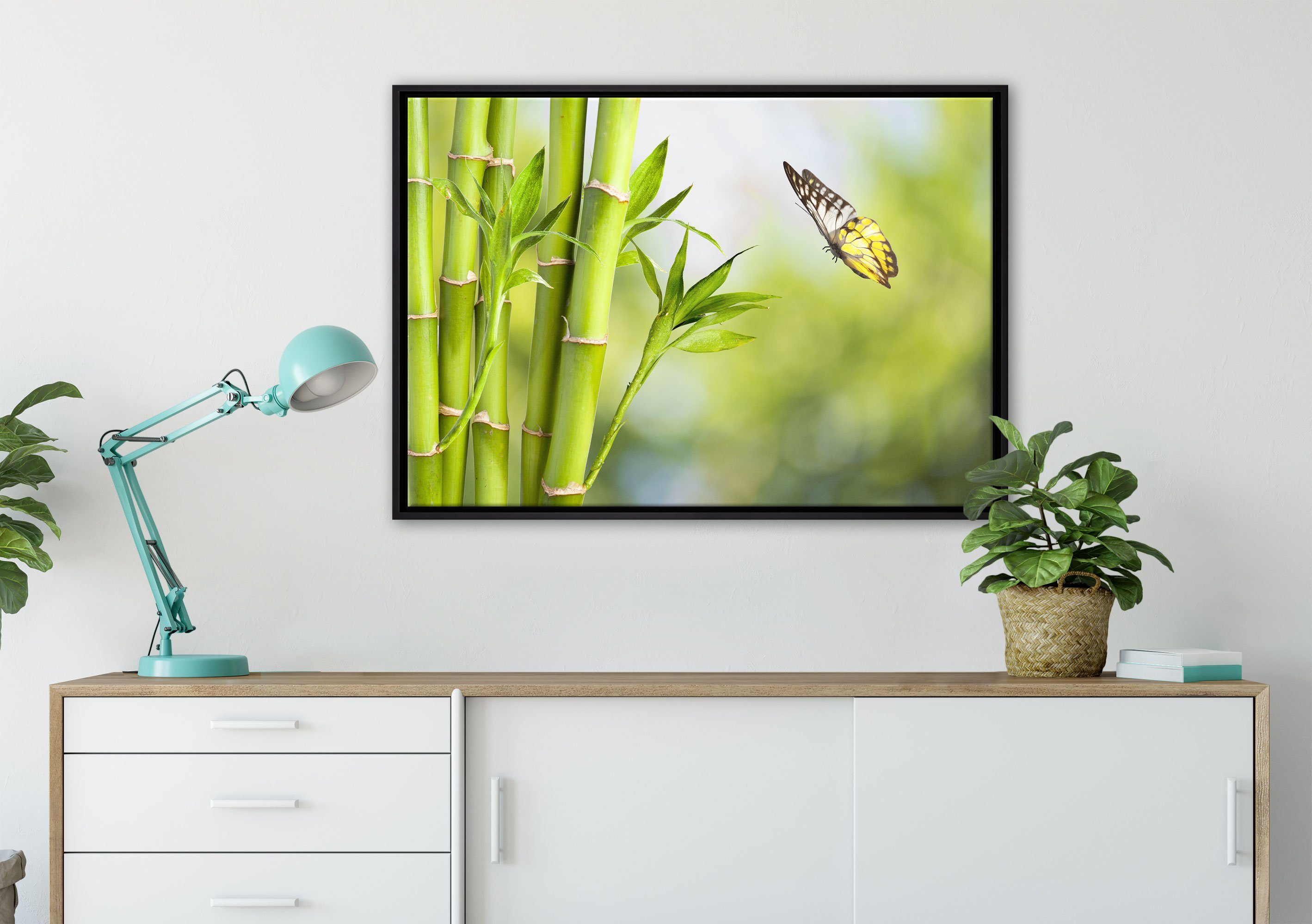 Pixxprint Leinwandbild Bambus Schmetterling, Wanddekoration (1 mit Leinwandbild Schattenfugen-Bilderrahmen Zackenaufhänger gefasst, einem inkl. in fertig bespannt, St)