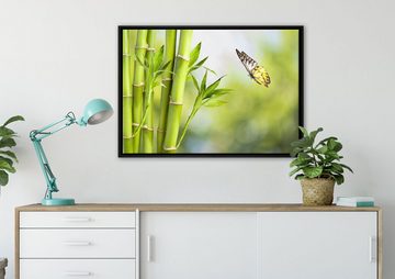 Pixxprint Leinwandbild Bambus mit Schmetterling, Wanddekoration (1 St), Leinwandbild fertig bespannt, in einem Schattenfugen-Bilderrahmen gefasst, inkl. Zackenaufhänger