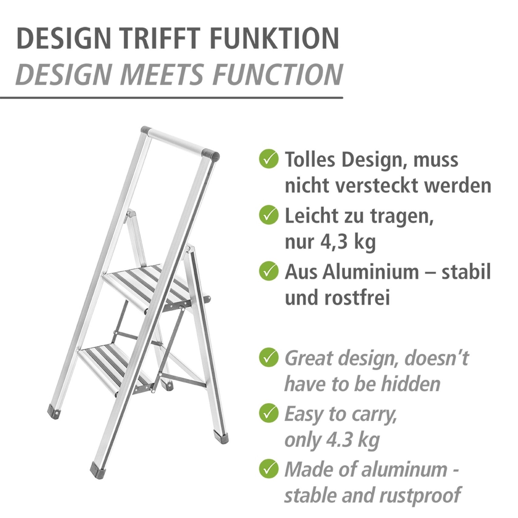 WENKO Trittleiter Modell Alu-Design, Klapptritt Leiter, rutschsichere XXL-Stufen, klappbar, bis 150 kg